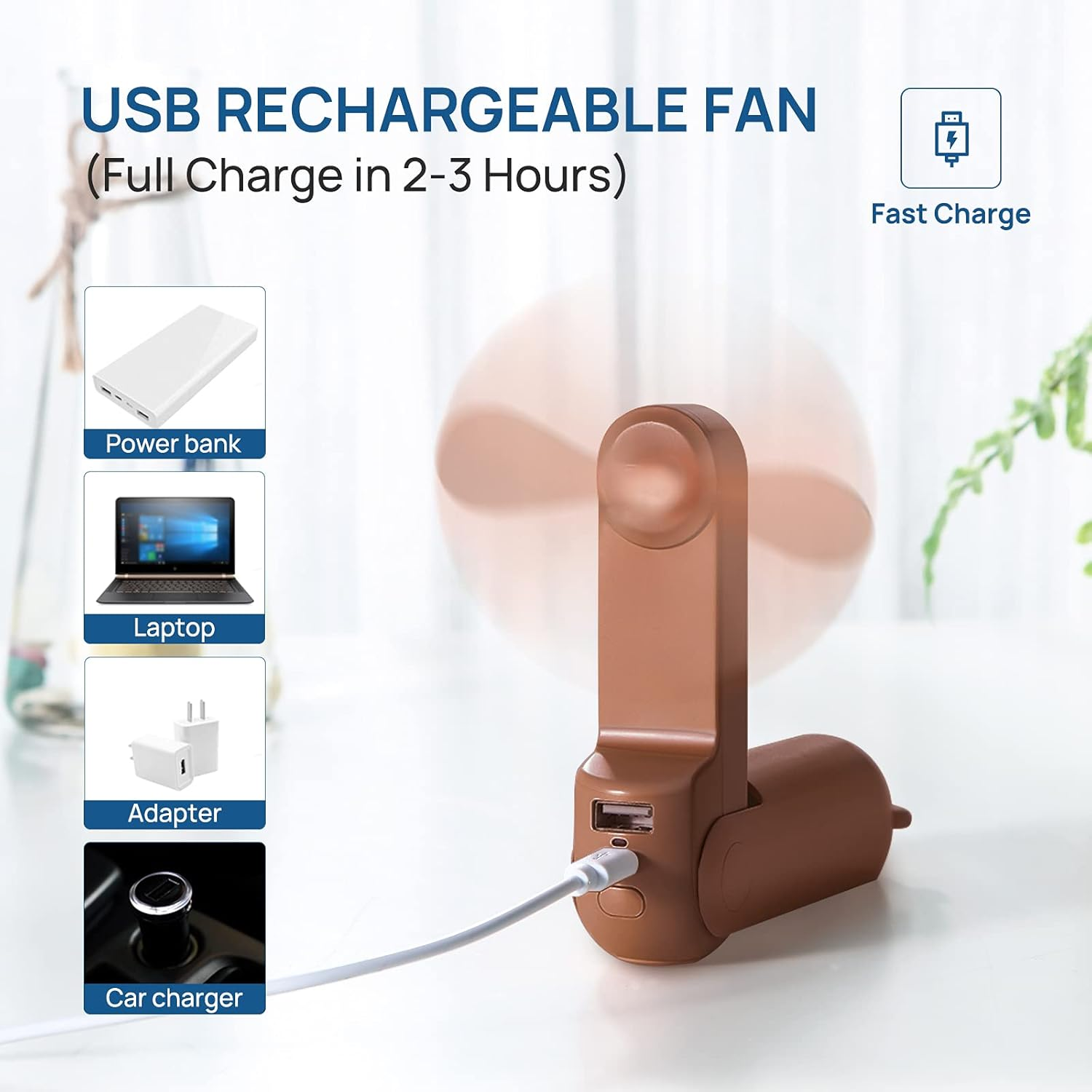 Ein per USB aufladbarer Ventilator mit verschiedenen Ladeoptionen und braunem Gehäuse.