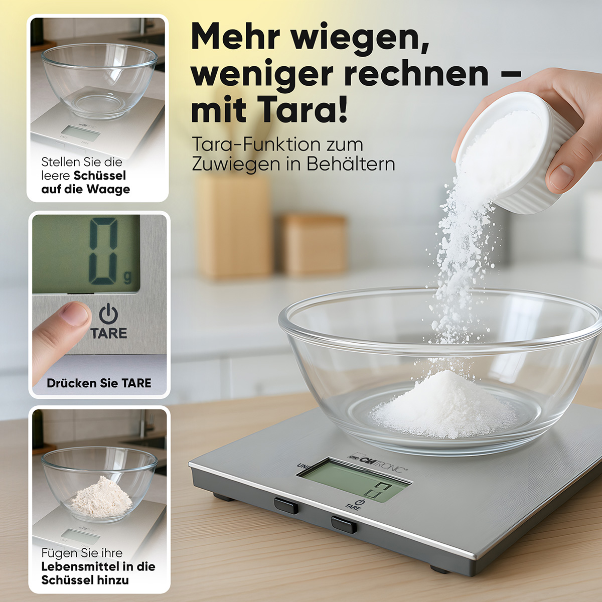 Eine Person schüttet Mehl in eine Glasschüssel auf einer digitalen Küchenwaage.