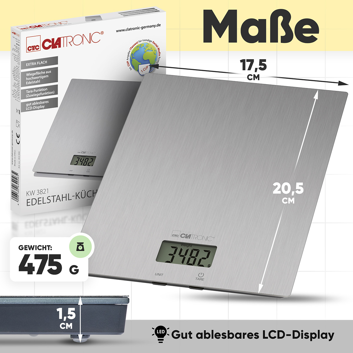 Waage mit Maßen und Gewicht. Text: 'Gut ablesbares LCD-Display'.