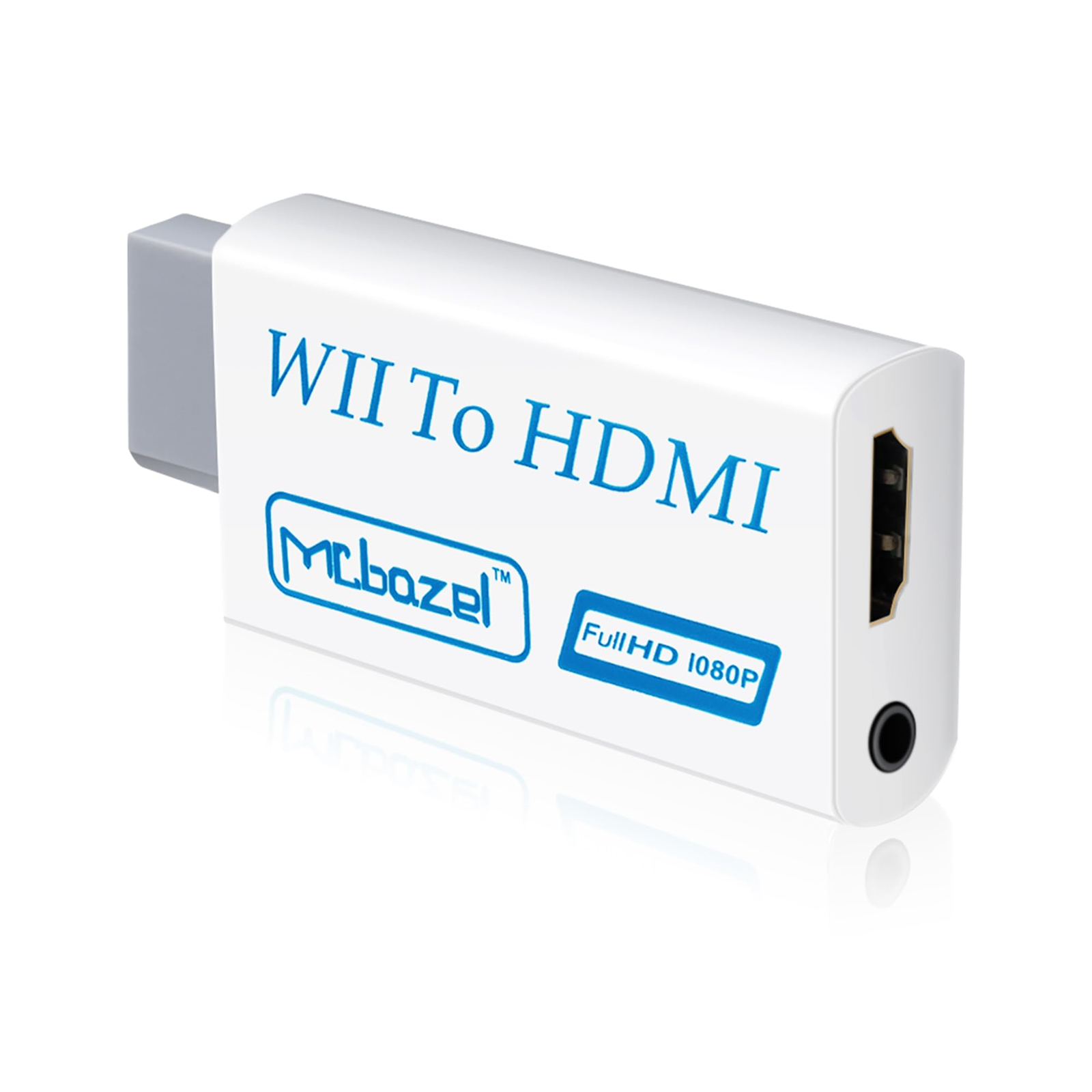 Weißer Wii-zu-HDMI-Adapter mit blauem Text, schwarzer HDMI-Anschluss, weißer Hintergrund.