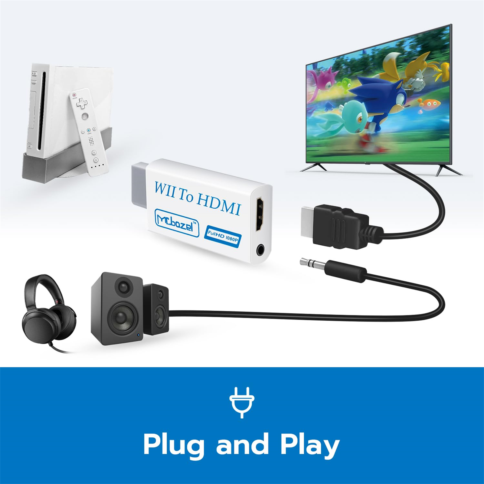Eine weiße Wii-Konsole mit Fernbedienung, verbunden mit einem Fernseher, auf dem ein Spiel läuft. Zubehör ist platziert.