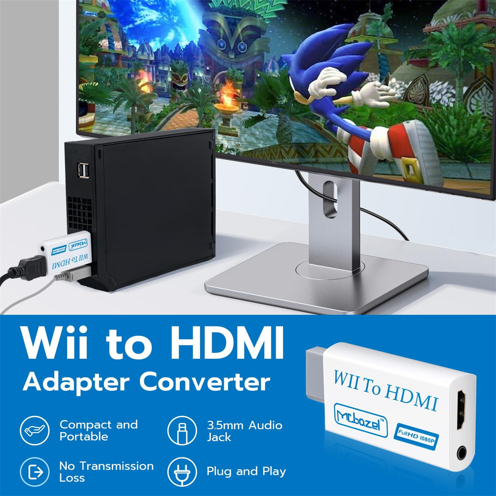 Wii-zu-HDMI-Adapter, Konsole, Sonic auf dem Fernseher. Text lautet: Wii-zu-HDMI-Adapter-Konverter.