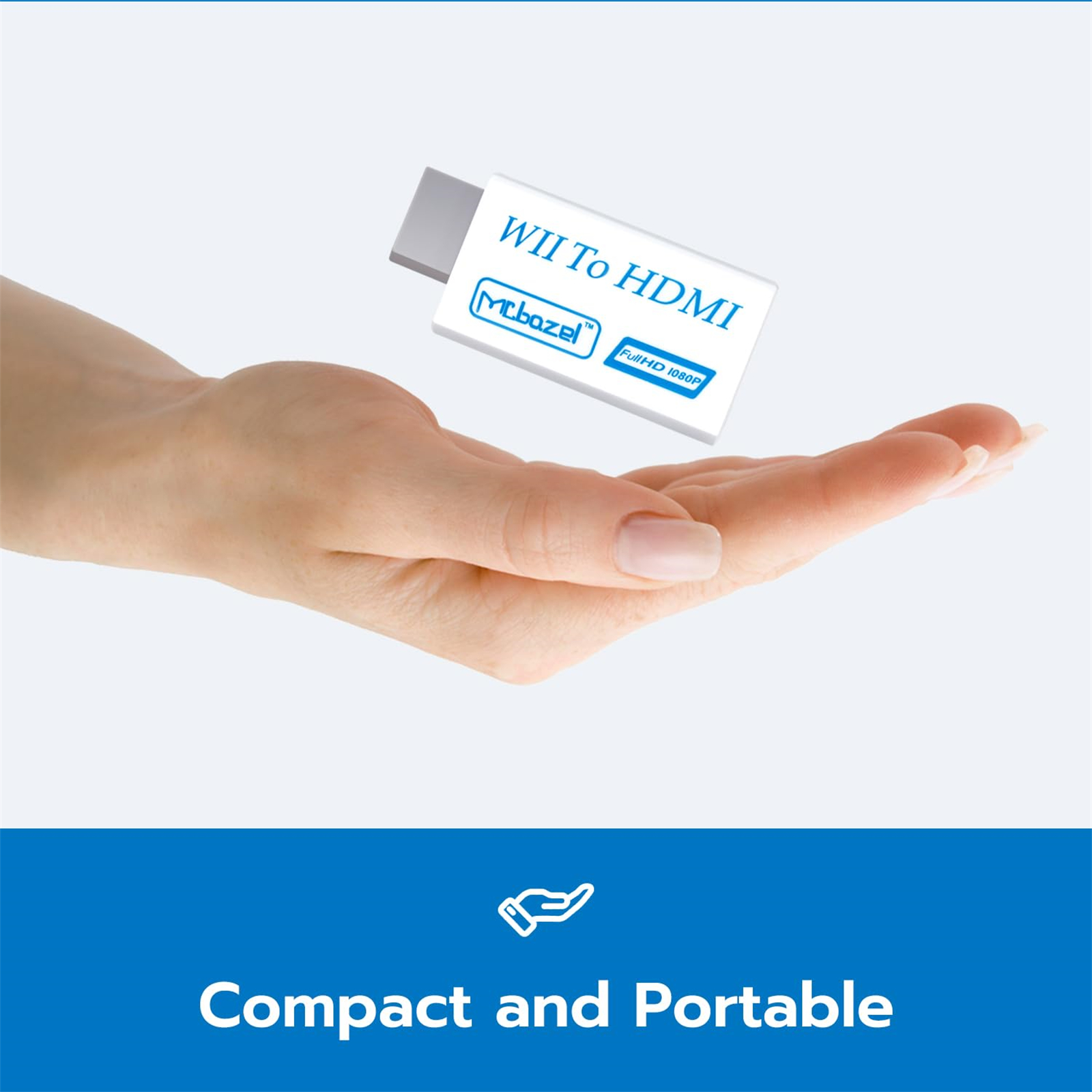 Hand hält ein weißes Gerät mit der Aufschrift Wii to HDMI. Blauer Banner unten. Text lautet Compact and Portable.