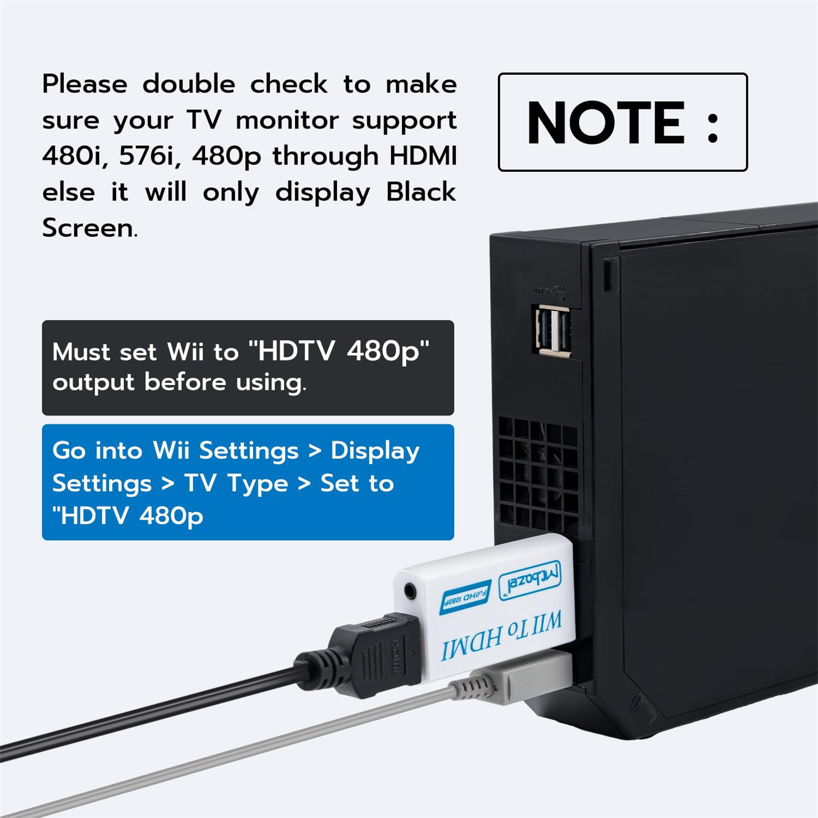 Ein Bild mit Text über die Einrichtung des Wii-zu-HDMI-Adapters. Es zeigt eine schwarze Wii-Konsole und den Adapter.