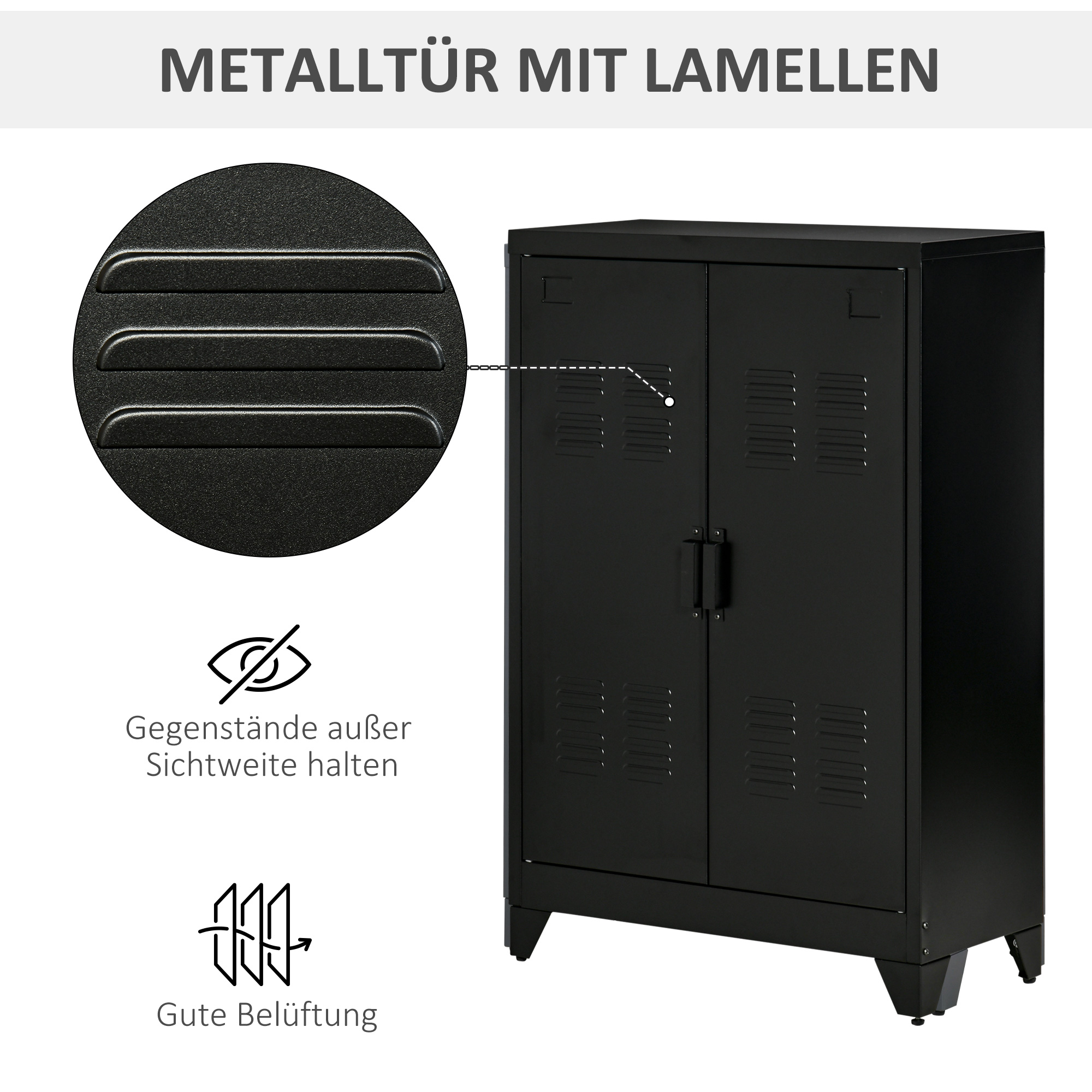 Ein schwarzer Metallschrank mit Lamellentüren wird vor einem weißen Hintergrund mit Werbetext und Grafiken gezeigt.