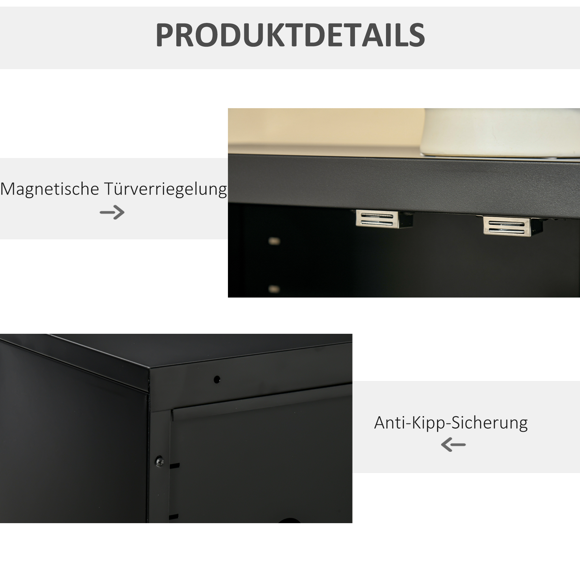 Eine Nahaufnahme eines schwarzen Metallschranks, der seine magnetischen Türverriegelungen und Kippsicherheitsmerkmale detailliert beschreibt.