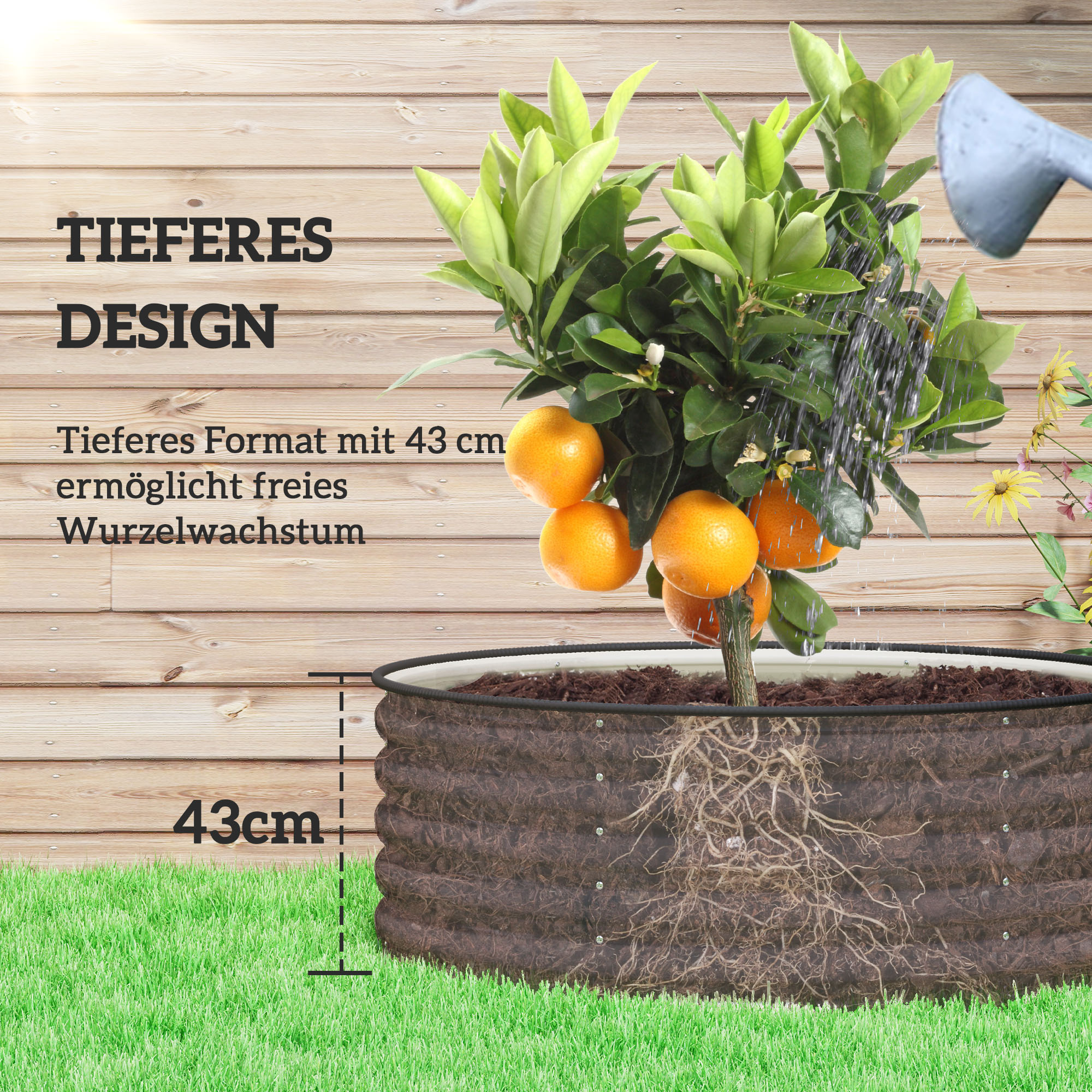 Cremefarbener, runder Metallpflanzkübel.