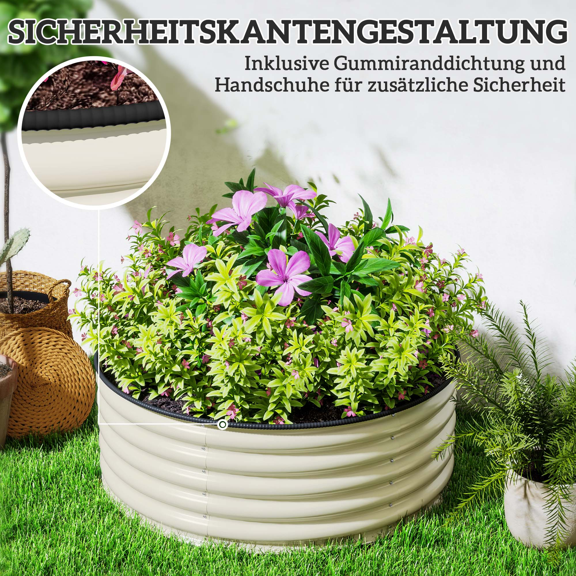 Runder cremefarbener Metallpflanzkübel mit Pflanzen auf grünem Gras.