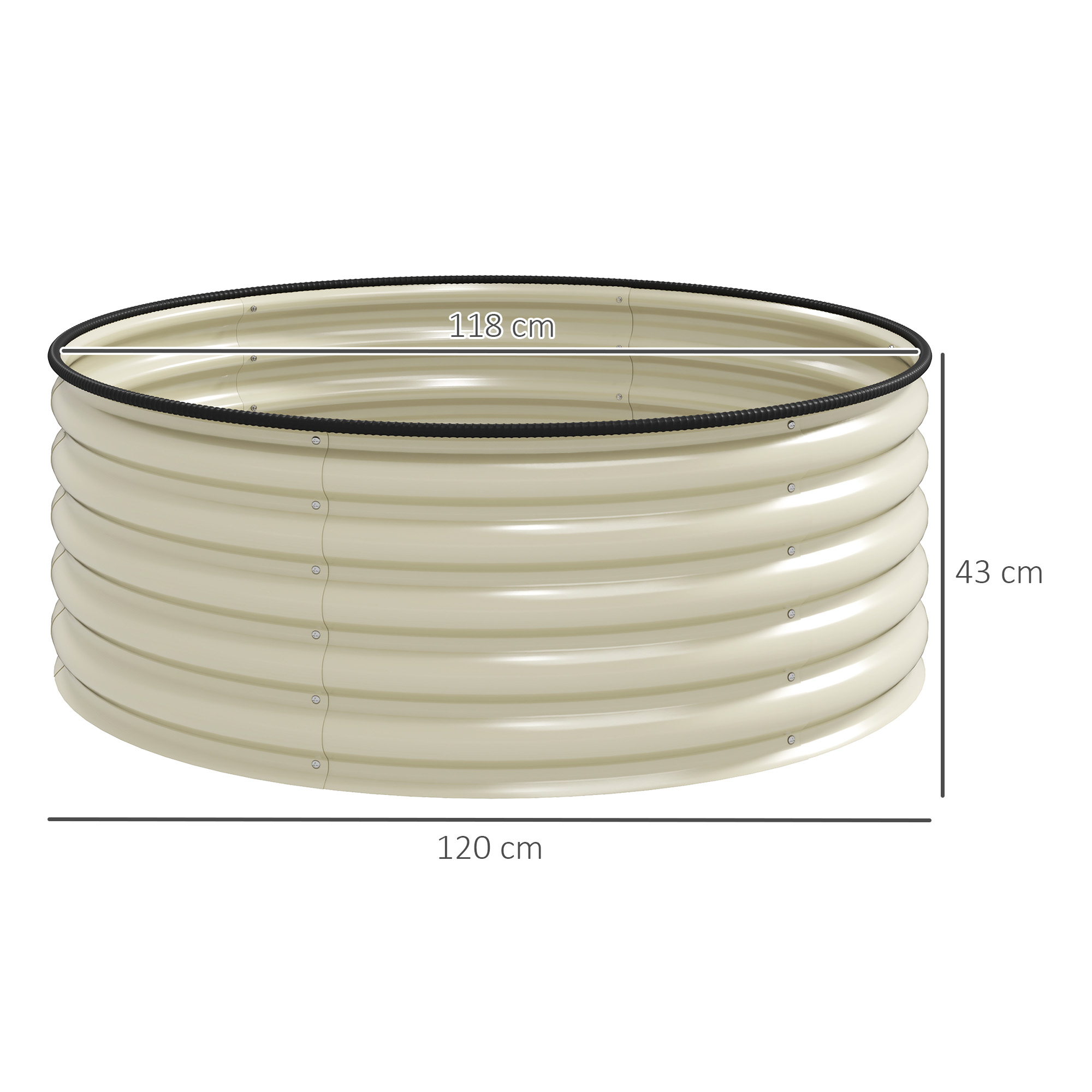 Ein Produktdiagramm zeigt einen runden Metallpflanzkasten mit einem Durchmesser von 118 cm und einer Höhe von 43 cm.