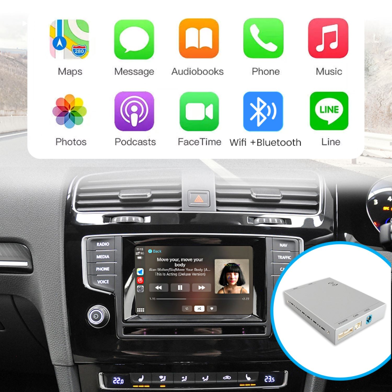 Auto-Armaturenbrett mit App-Symbolen: Karten, Nachrichten, Hörbücher, Telefon, Musik, Fotos, Podcasts, FaceTime, WLAN.