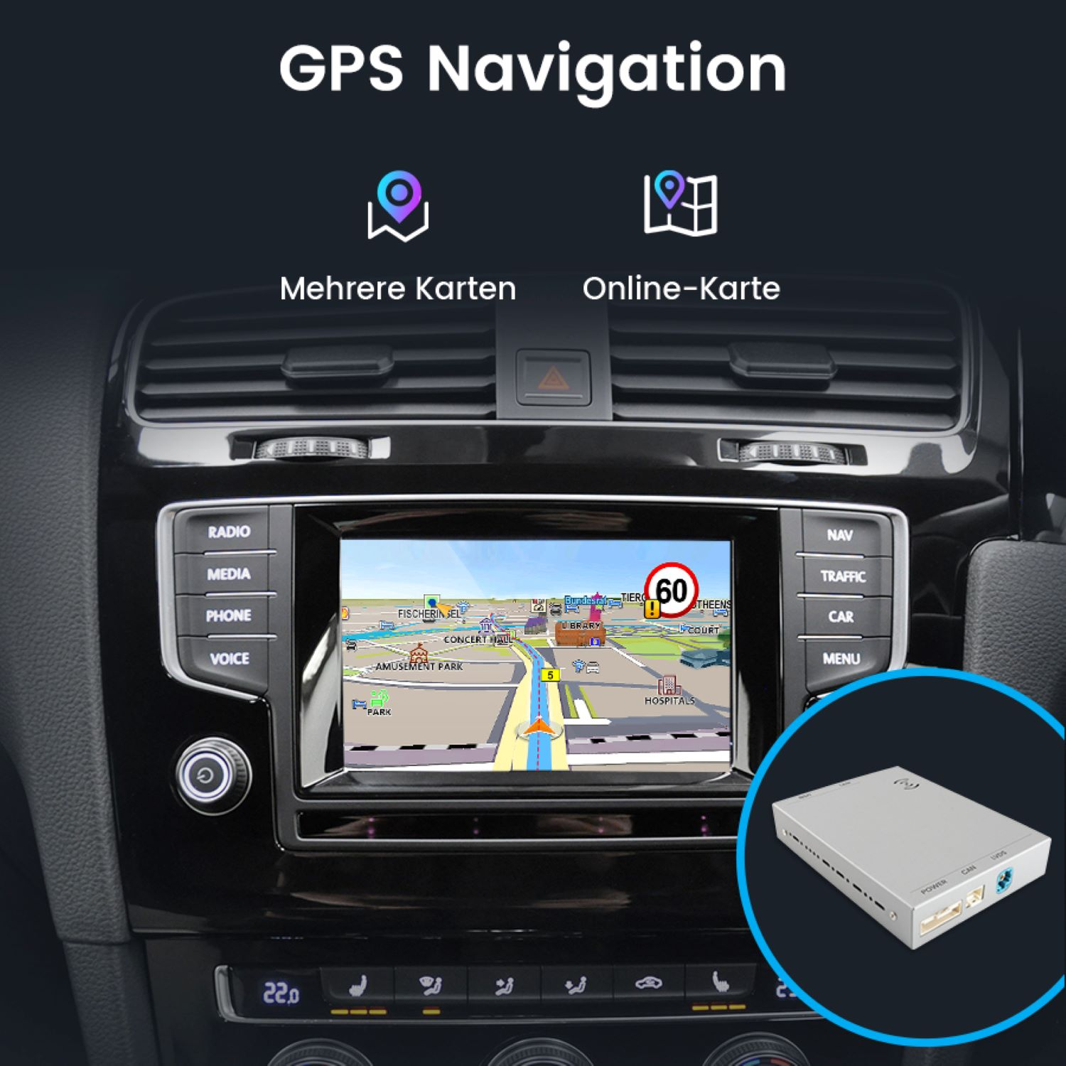 Auto-Armaturenbrett mit Navigationskarte. Ein kleines Gerät befindet sich in der unteren rechten Ecke.