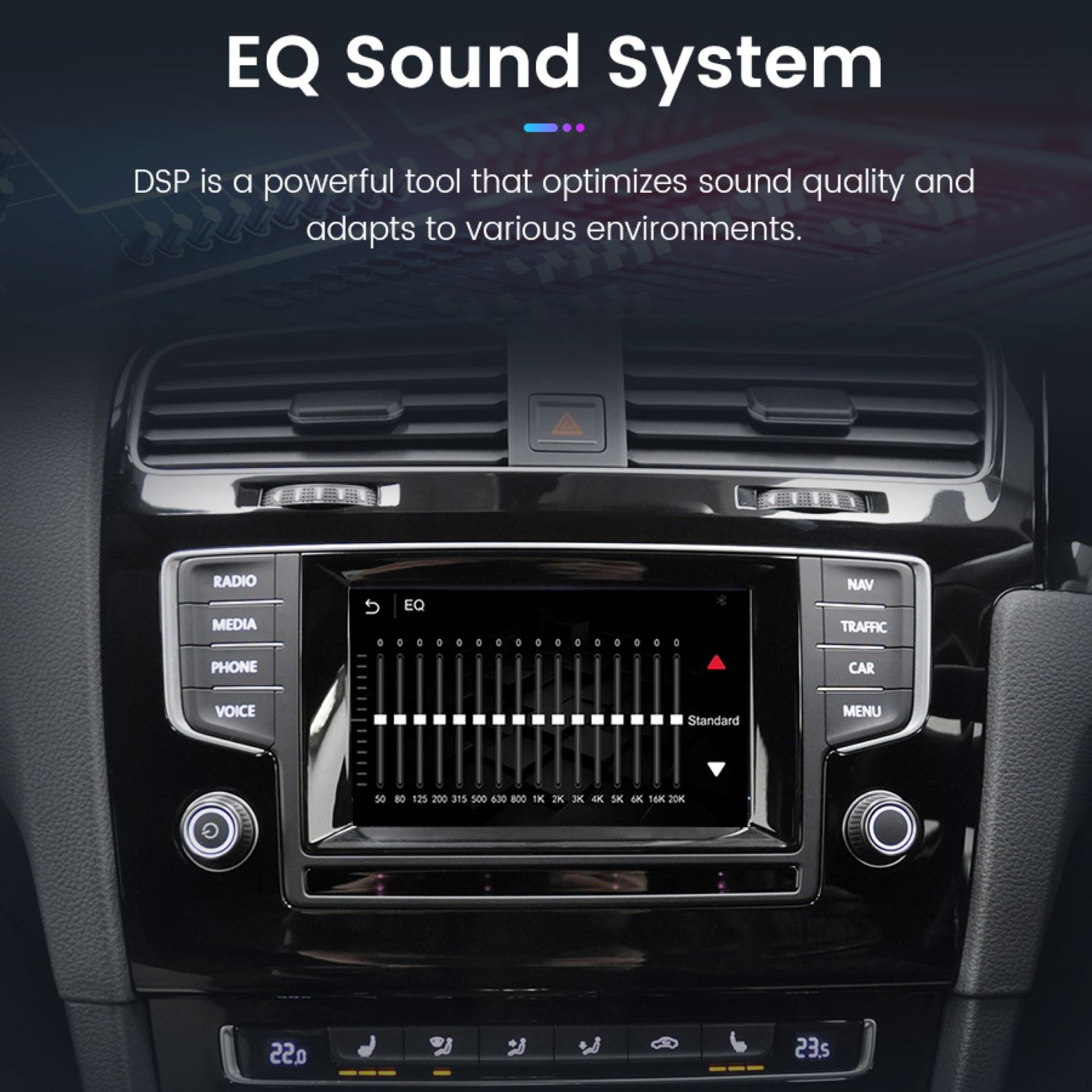 Armaturenbrett mit Bildschirm, der EQ-Soundeinstellungen zeigt. Der Text "EQ Sound System" steht oben.