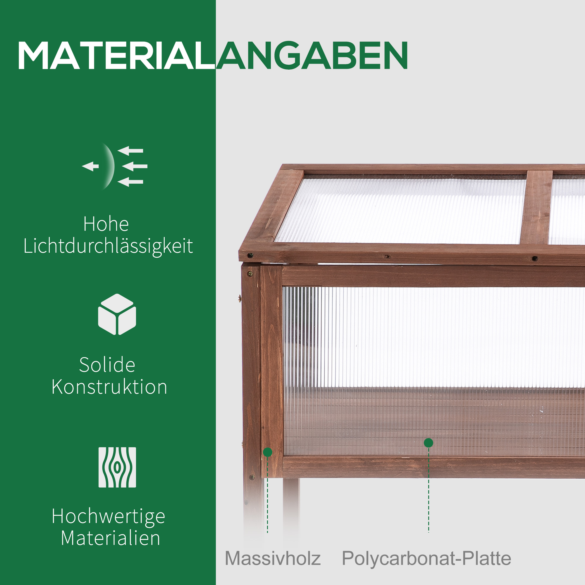 Nahaufnahme eines Gewächshausrahmens. Holz, transparente Platte und Stützsystem sind sichtbar.
