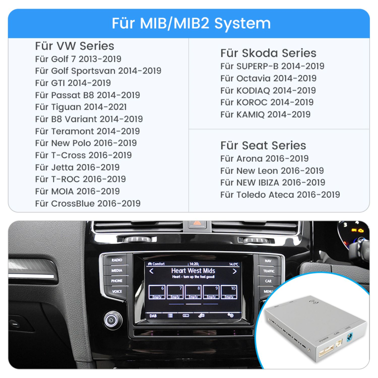 Ein Armaturenbrett mit Bildschirm, der Automodelle für das MIB/MIB2-System anzeigt.