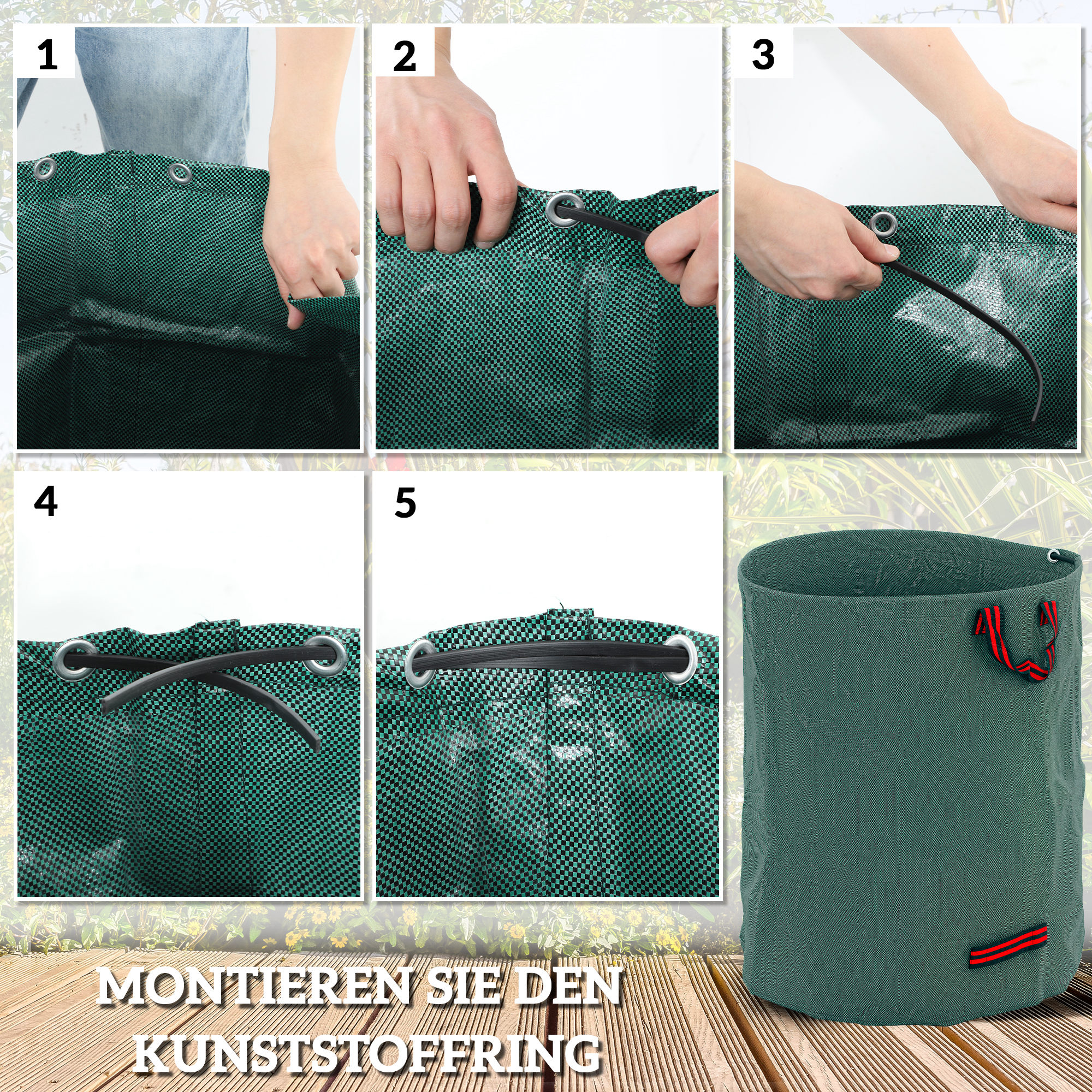Anleitungsbilder zur Montage eines grünen Laubsacks. Text: Montieren Sie den Kunststoffring.