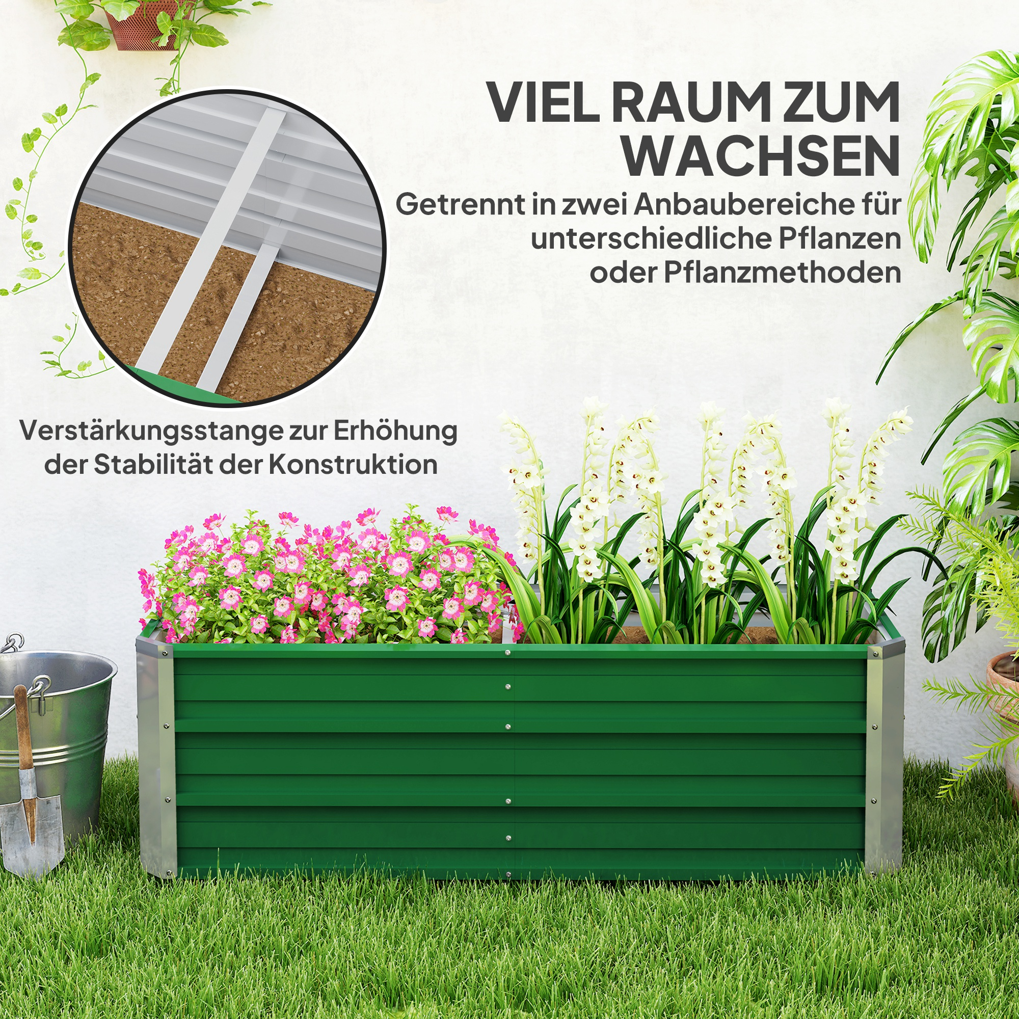 Ein grünes Hochbeet mit Blumen und Text. Das Beet steht auf Gras, eine Schaufel ist in der Nähe.