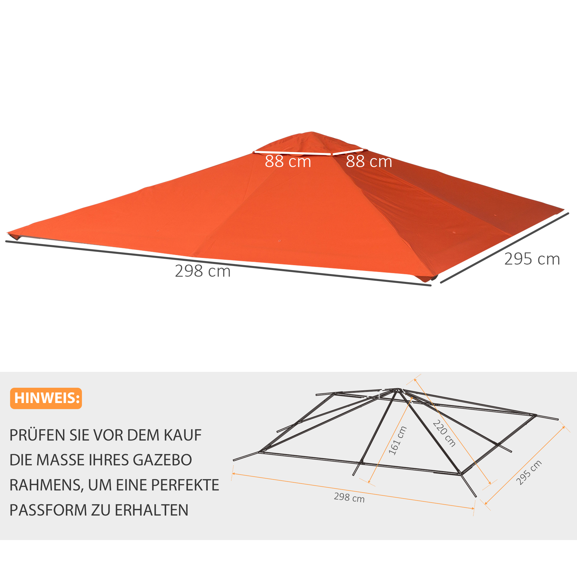 Ein orangefarbenes Pavillondach mit Abmessungen und einer Diagramm. Text auf Deutsch. Weißer Hintergrund.