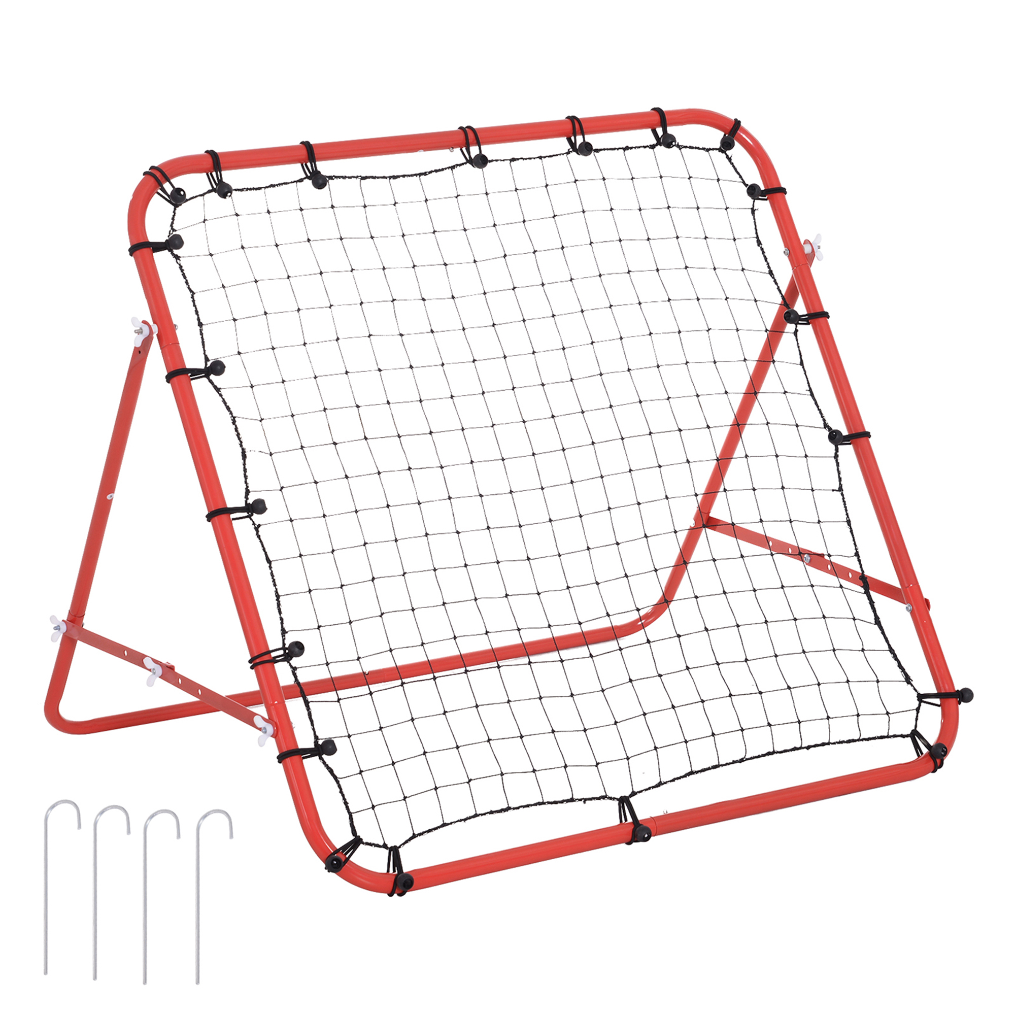 Ein rotes und schwarzes Rückprallnetz mit Haken auf weißem Hintergrund.