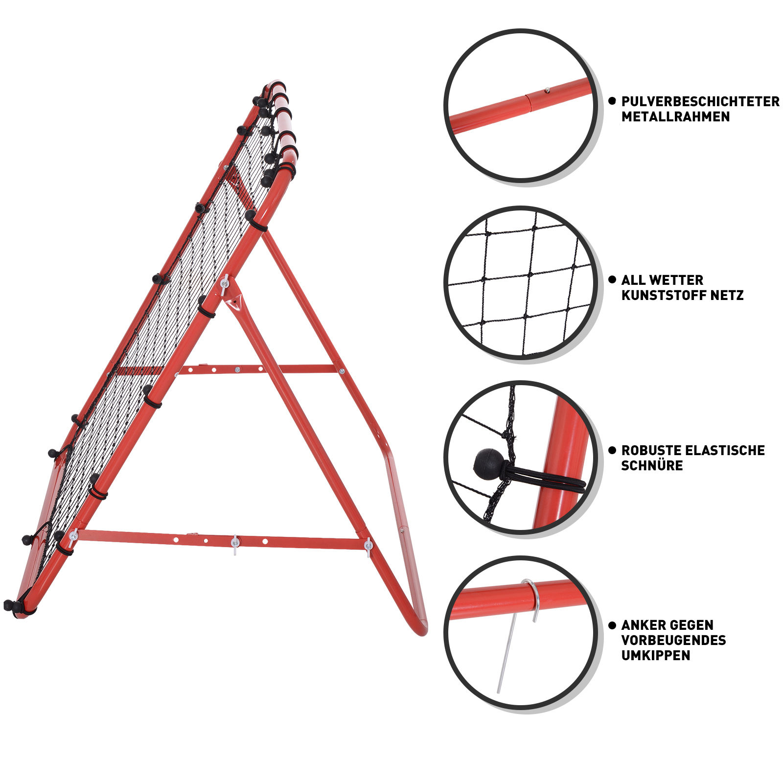 Ein roter Rebounder mit schwarzem Netz und Details. Es wird für das Sporttraining verwendet, mit Etiketten, die seine Merkmale zeigen.
