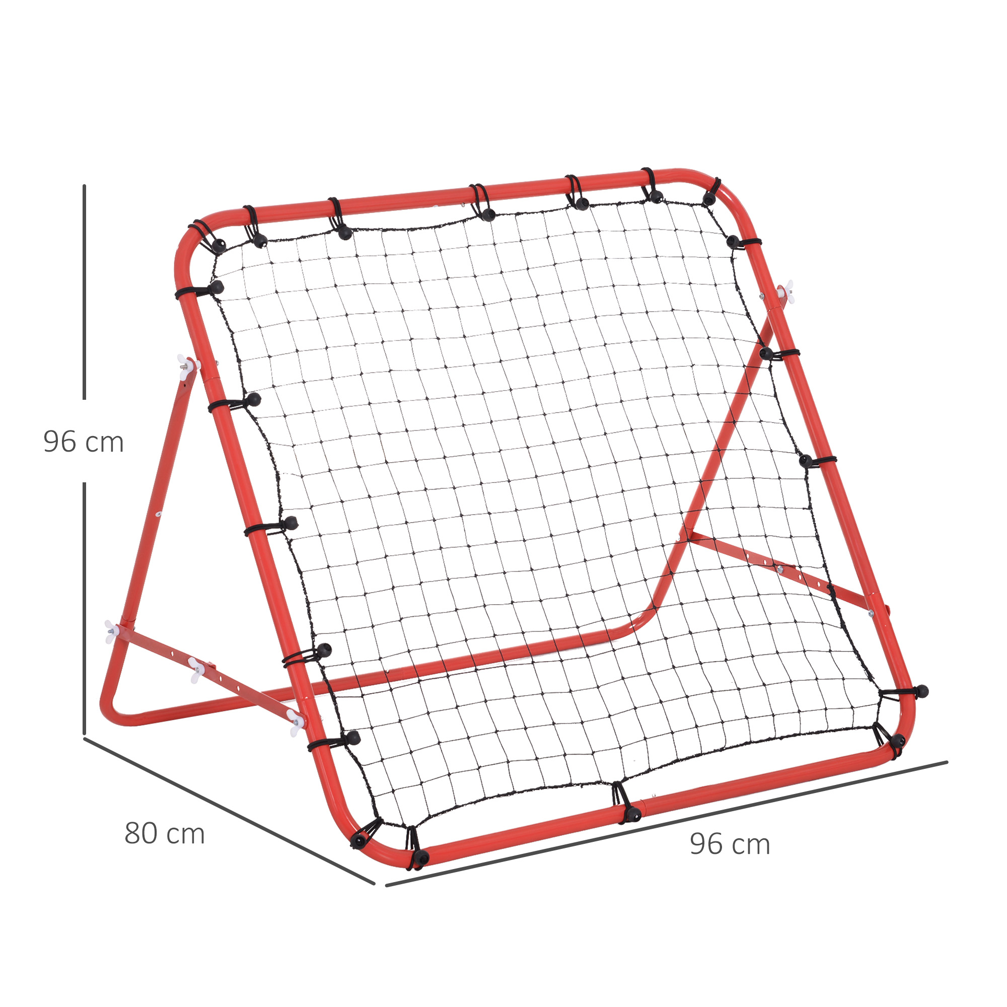 Ein roter Rebounder mit beschrifteten Abmessungen. Es ist eine rechteckige Netzstruktur mit Beinen für das Sporttraining.
