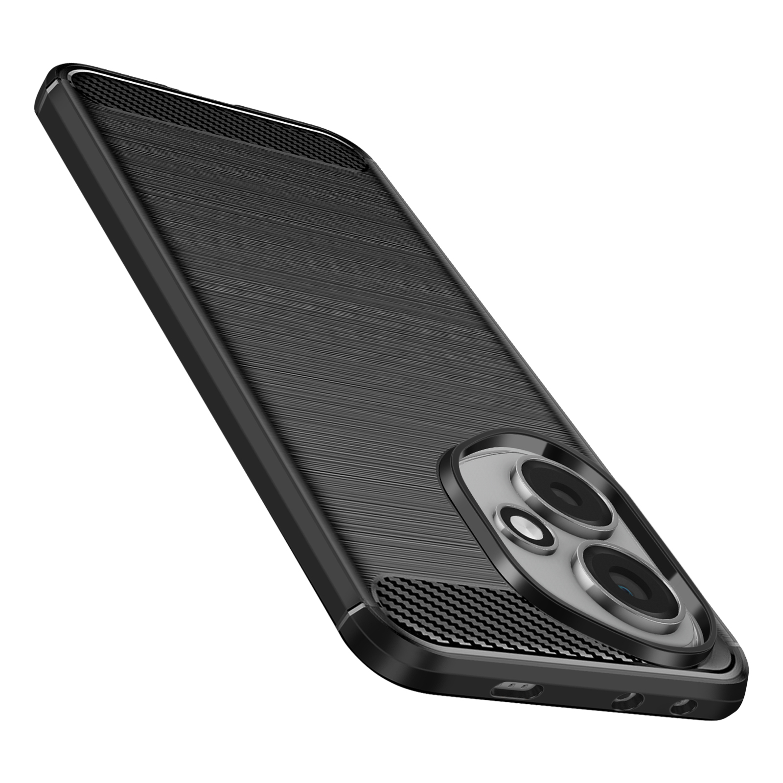 Une coque de téléphone noire avec une surface texturée, en angle et isolée sur fond blanc.