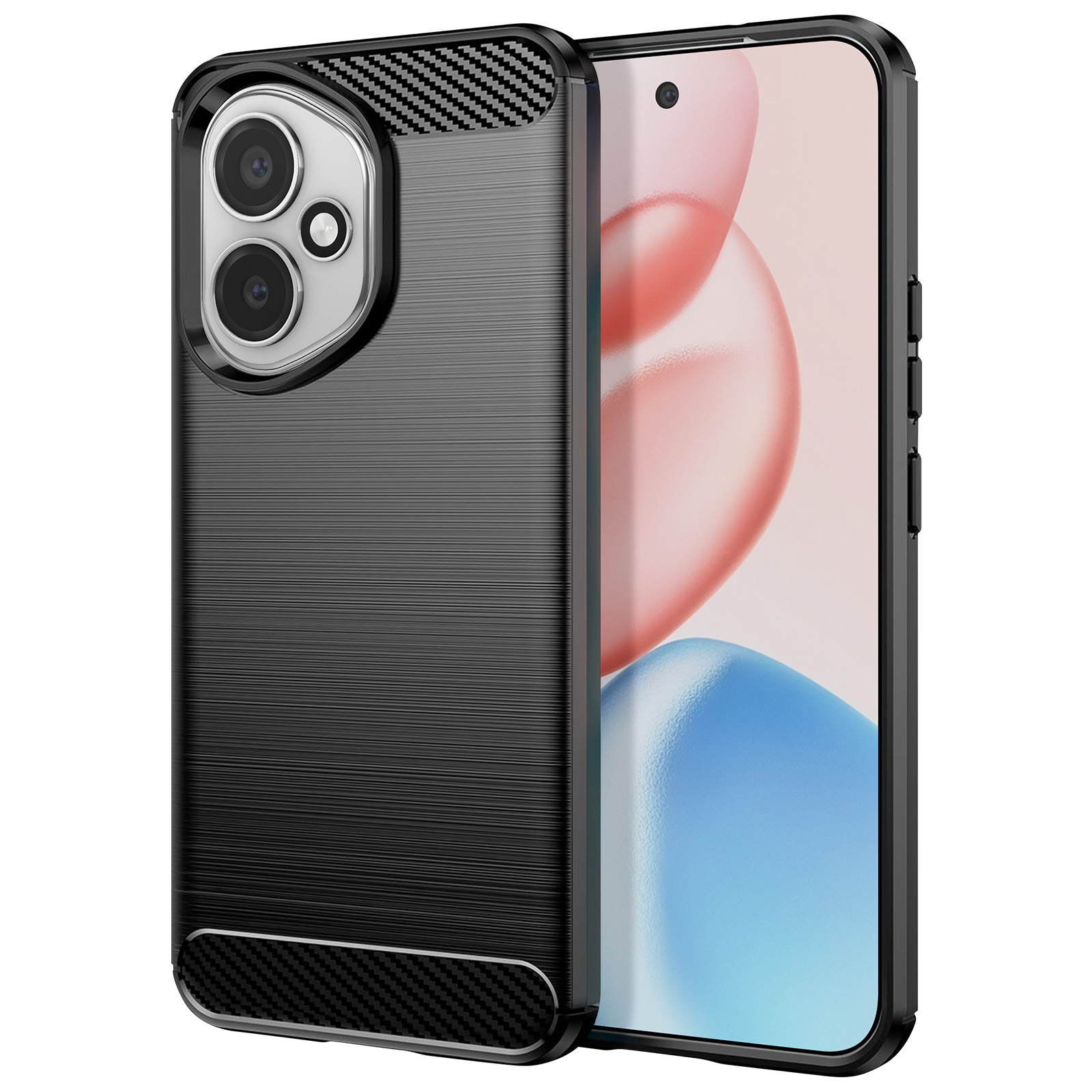 Une coque de téléphone noire avec une texture en fibre de carbone et un téléphone avec un écran à droite.