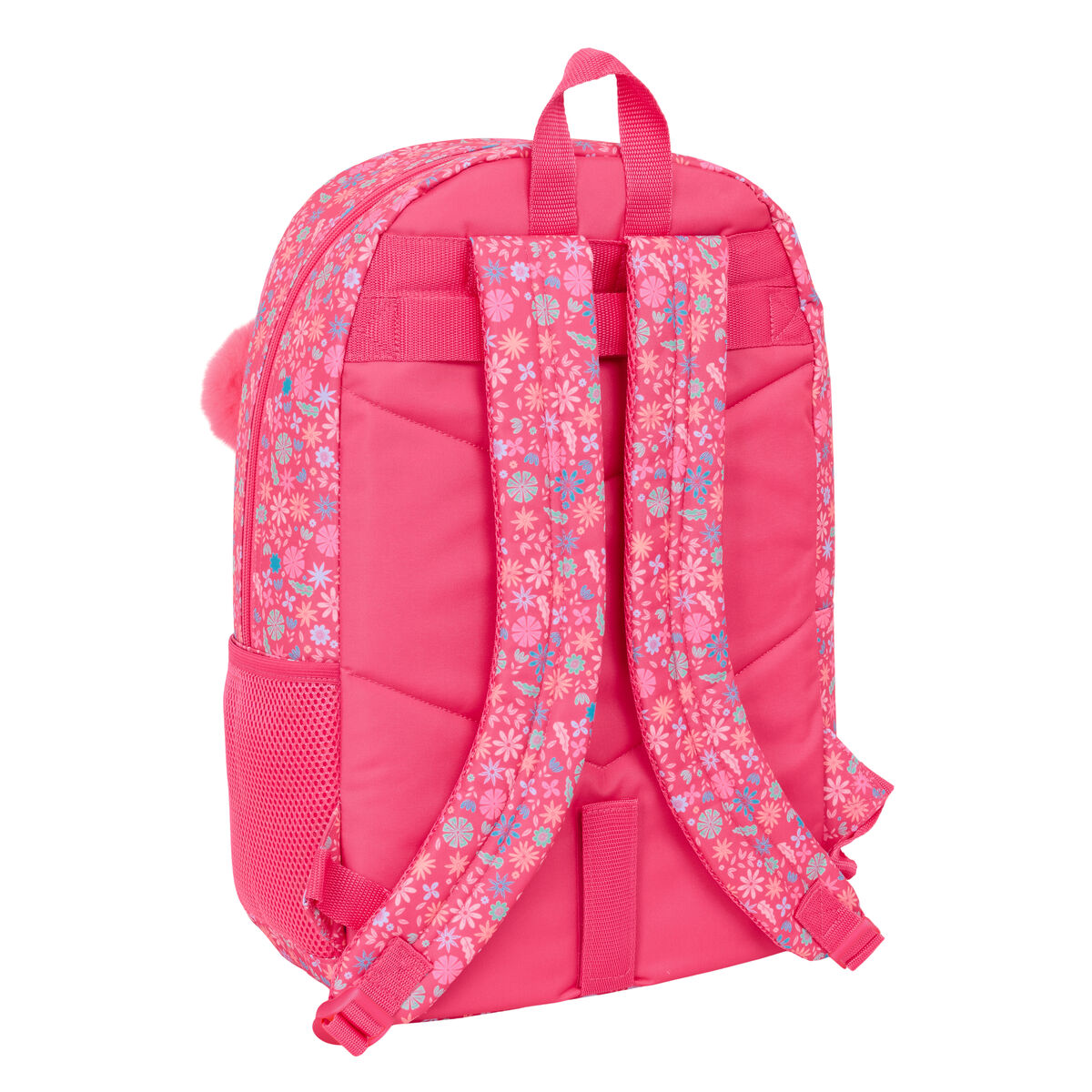 Rückansicht eines pinkfarbenen Rucksacks mit floralen Mustern und pinkfarbenen Trägern. Ein kleiner pinkfarbener Pompon ist befestigt.