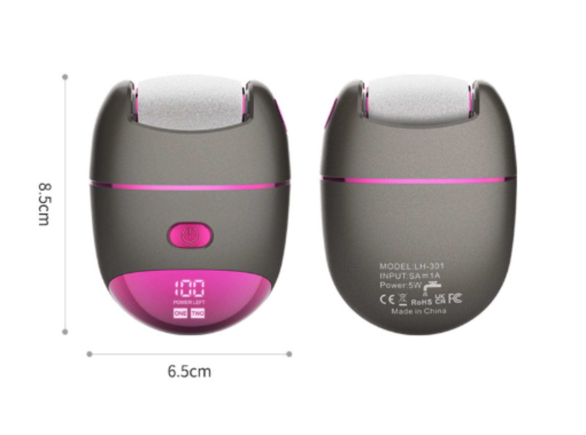 Ein graues und rosa Fußpflegegerät mit Abmessungen und eine Nahaufnahme des Geräts mit digitaler Anzeige.