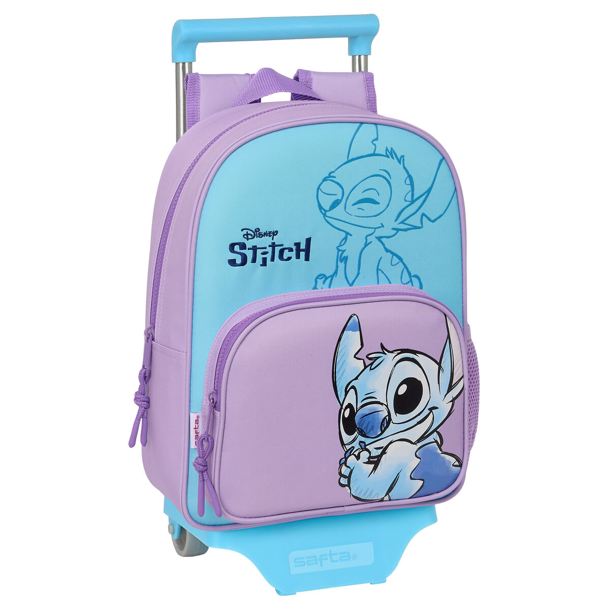 Ein blau-violetter Rollrucksack mit Stitch-Figur. Der Rucksack hat einen blauen Griff und Räder.