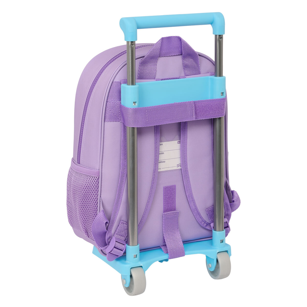 Rückansicht eines lila Rollrucksacks mit blauem Griff. Eine Netztasche ist an der Seite. Räder unten.