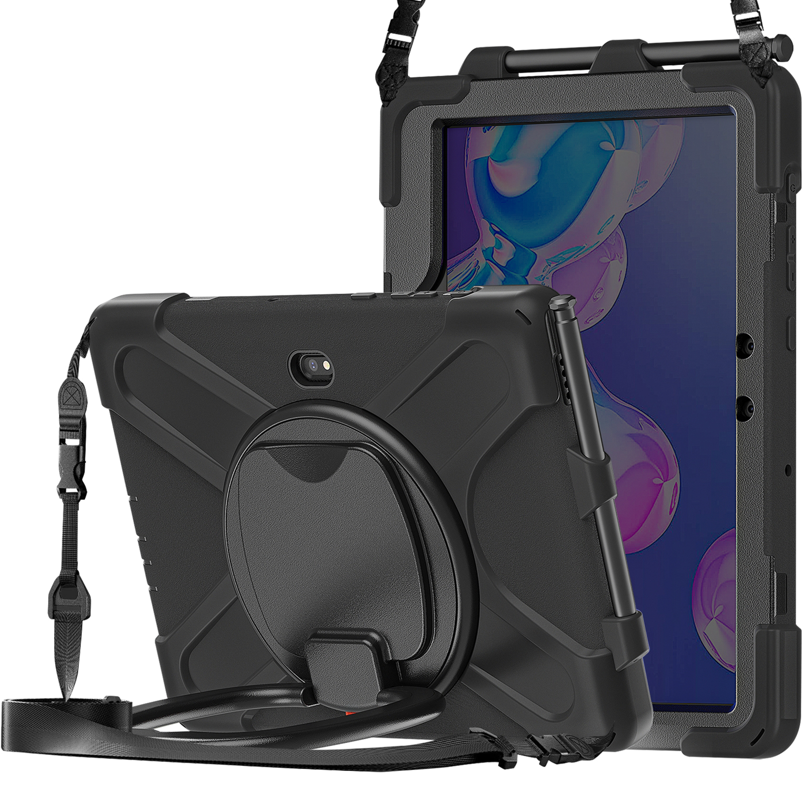 Custodia per tablet nera con cavalletto. Il tablet è nella custodia. Cinturino nero sul lato. Fotocamera sul retro.