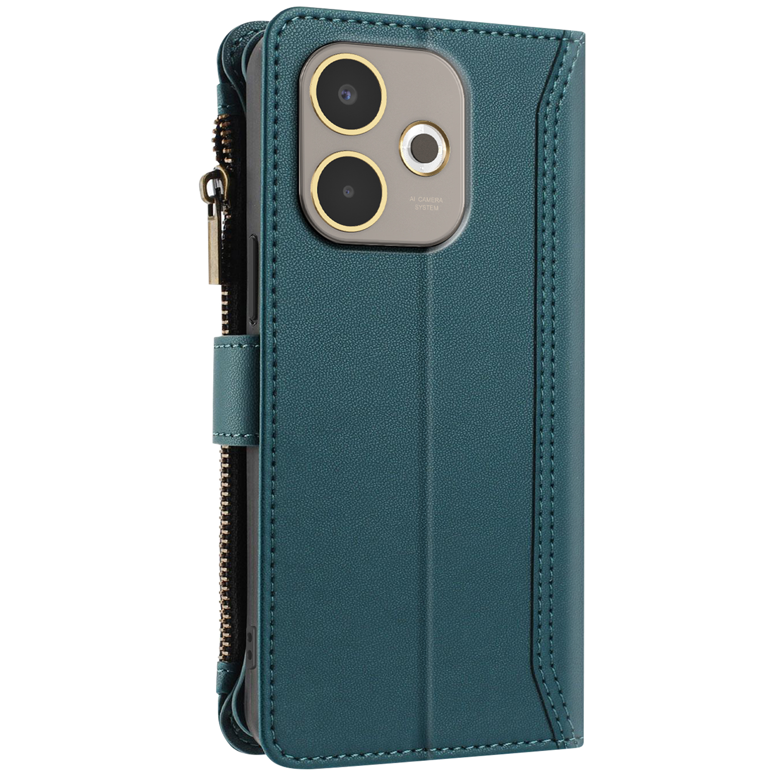 Una custodia per telefono verde acqua, con un modulo fotocamera. Una cerniera è sul lato con una chiusura dorata. Chiusa con un fermaglio.