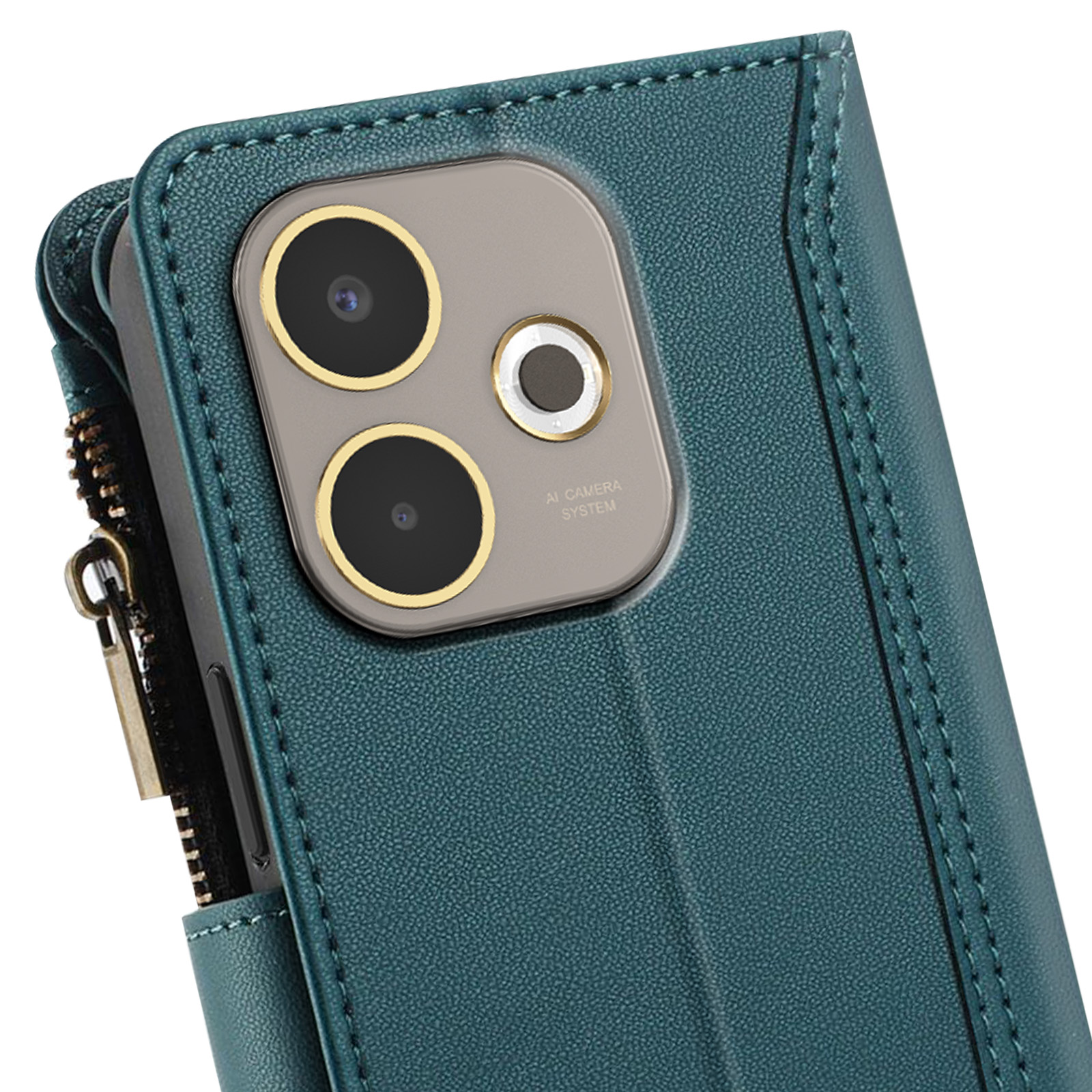 Primo piano di una custodia per telefono verde acqua con modulo fotocamera. Visibile una cerniera e una chiusura dorata.