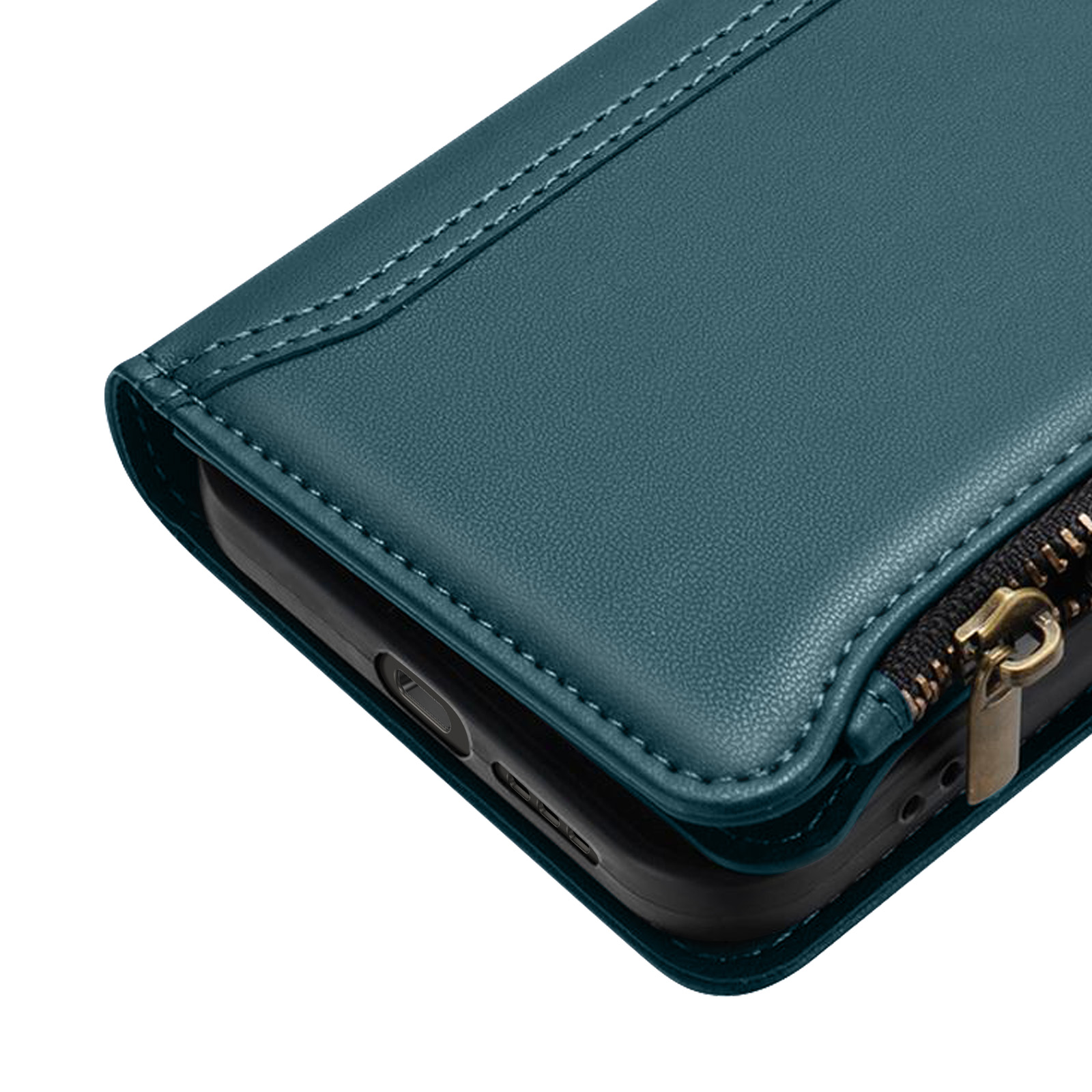 Primo piano di una custodia per telefono verde acqua con cerniera. La custodia ha una texture simile alla pelle.