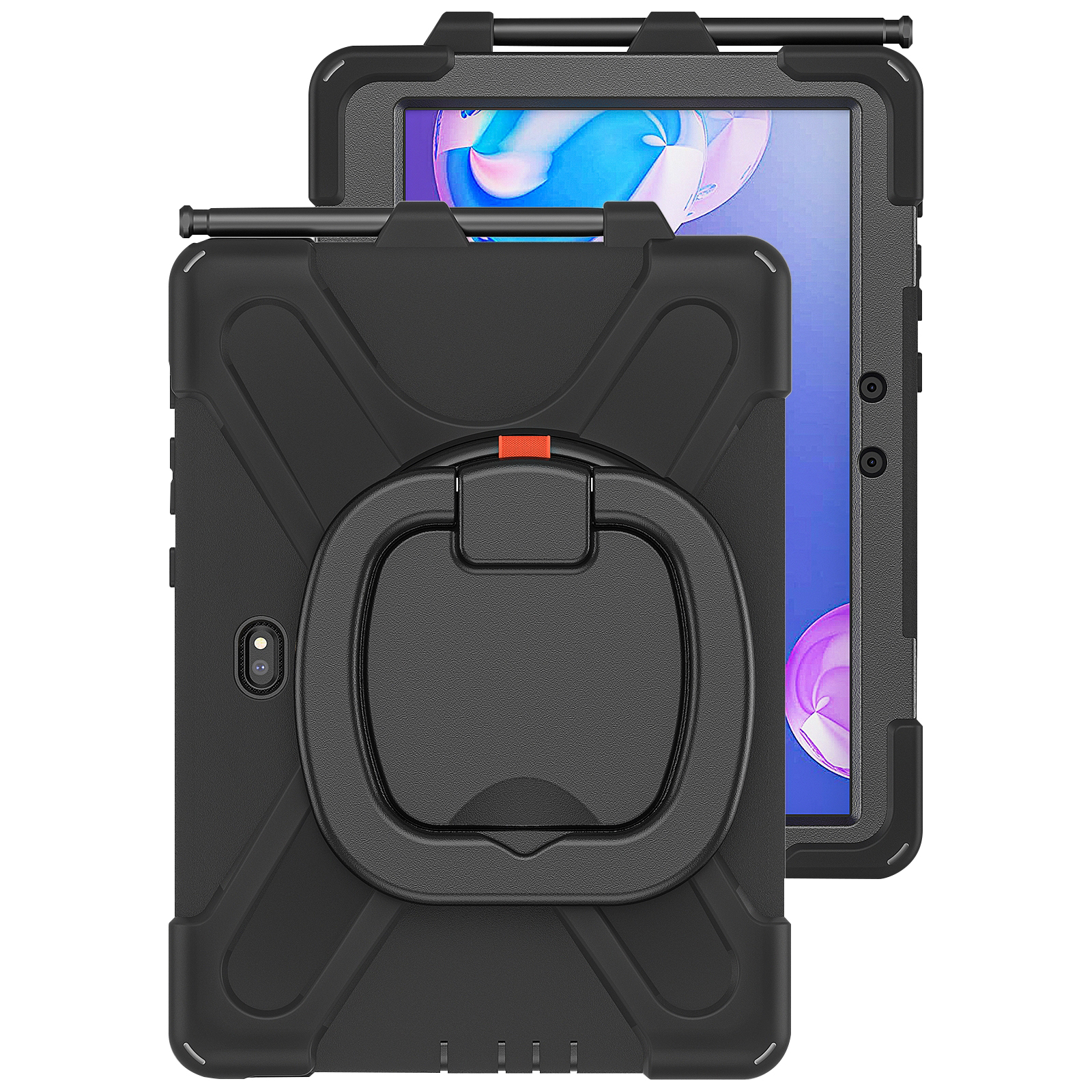 Custodie nere per tablet con una penna stilo. Le custodie hanno un cinturino e un cavalletto.