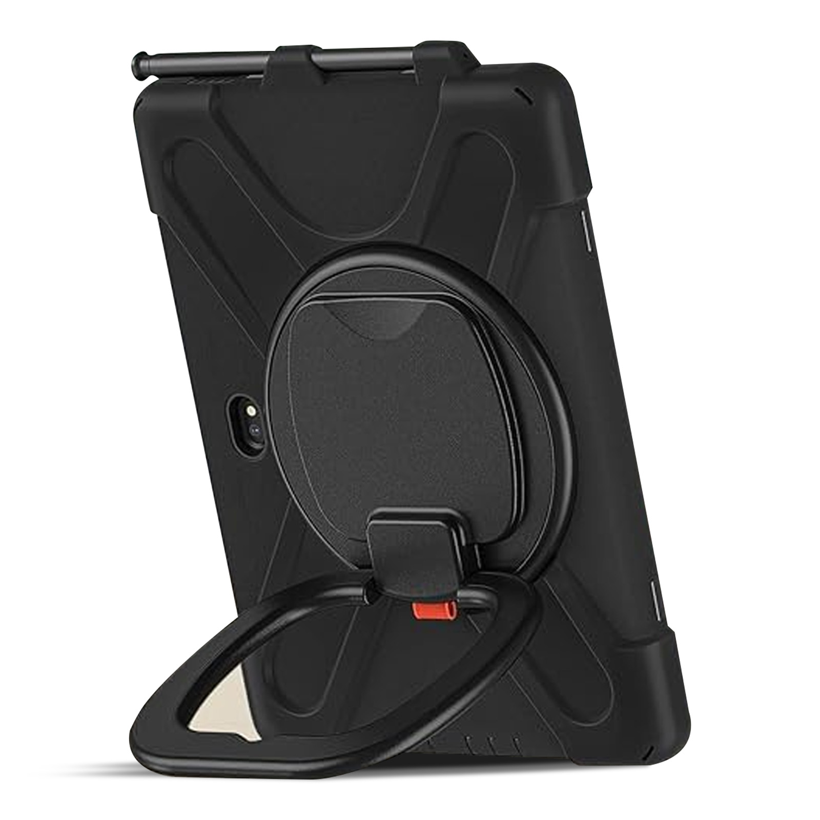 Custodia per tablet nera con cavalletto. La custodia è sollevata. Il retro mostra la fotocamera. Cinturino nero sul lato.