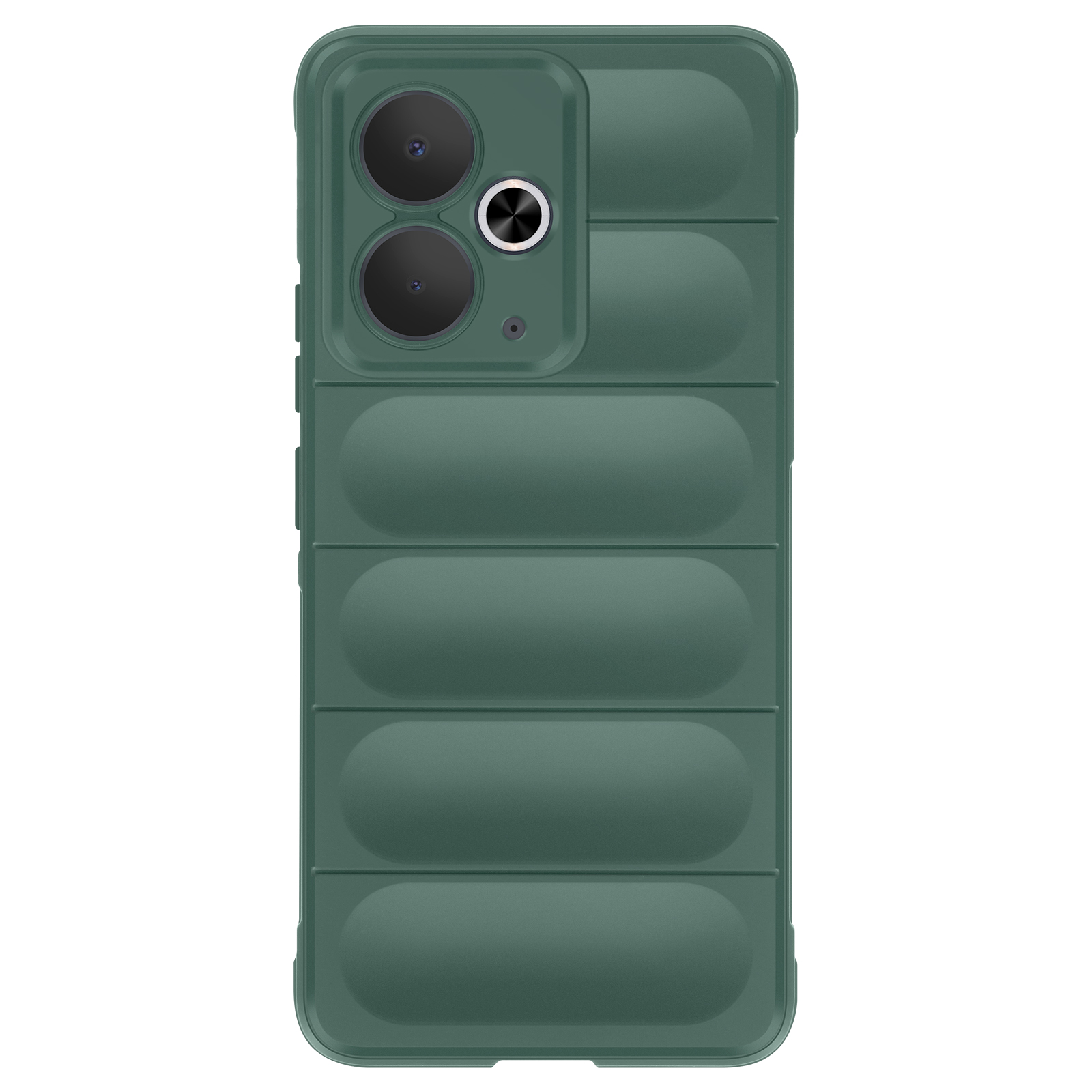 Custodia per telefono verde scuro. La custodia ha un design imbottito e ritagli per la fotocamera.