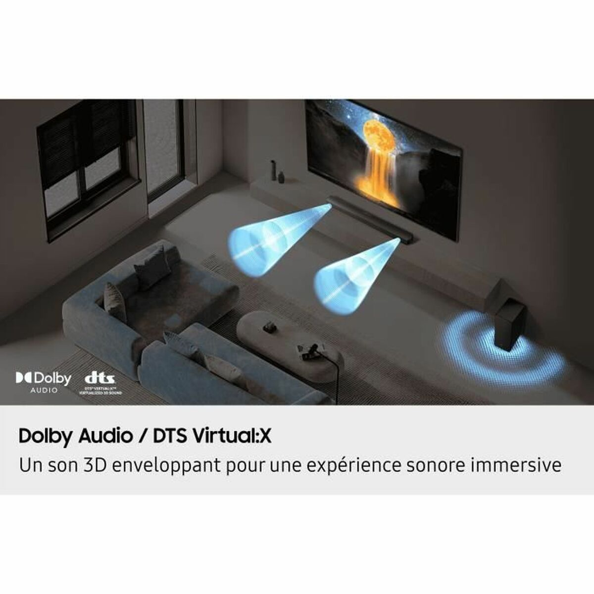 Un soggiorno con divano, TV e impianto audio. I fasci di luce mostrano la direzione del suono dal sistema.