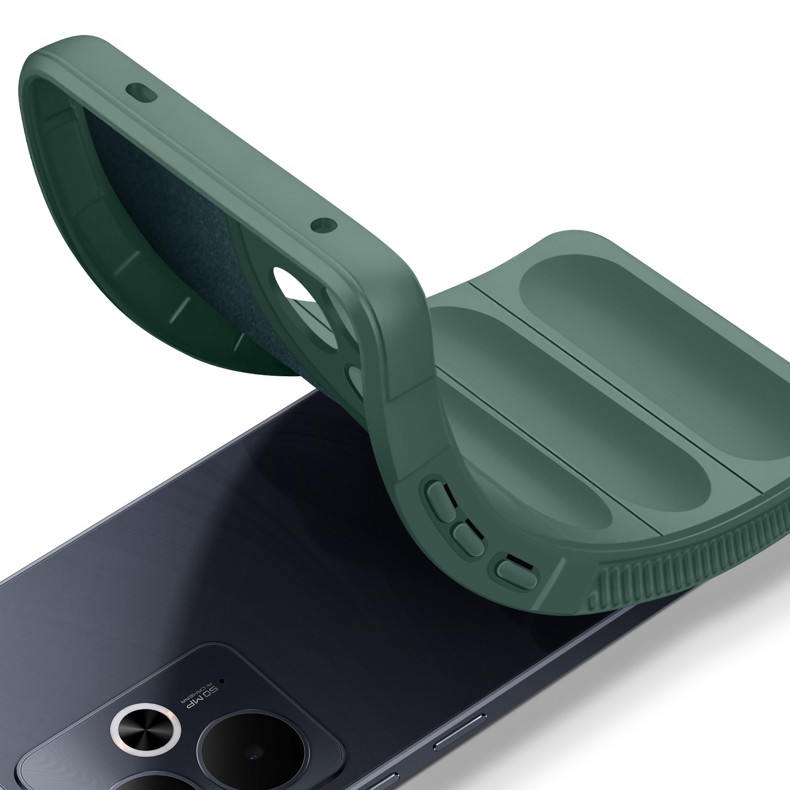 Una custodia per telefono verde scuro viene aperta. L'interno è visibile. Il telefono è grigio e ha una fotocamera.