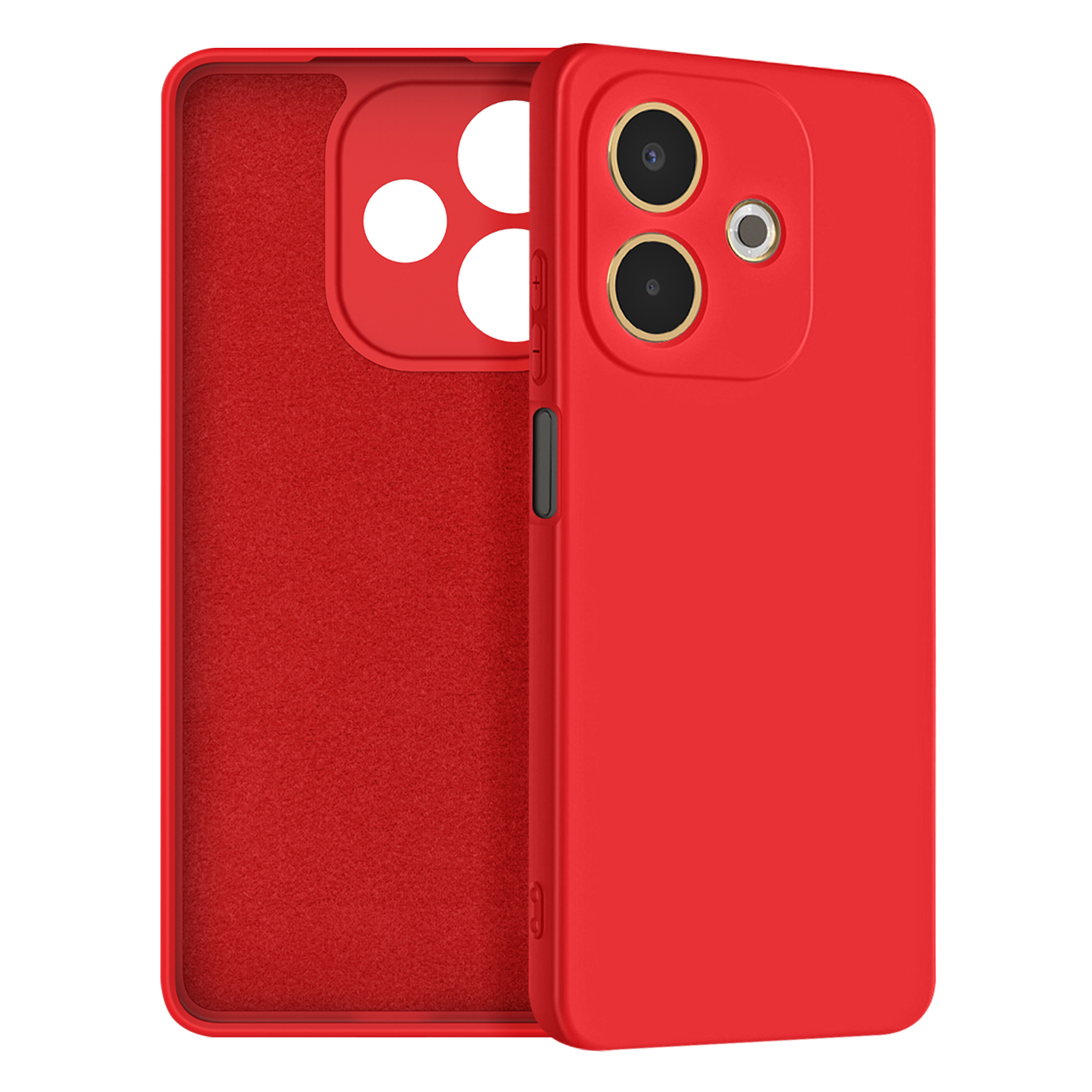 Custodia del telefono rossa, aperta, che mostra l'interno. La custodia ha ritagli per la fotocamera.