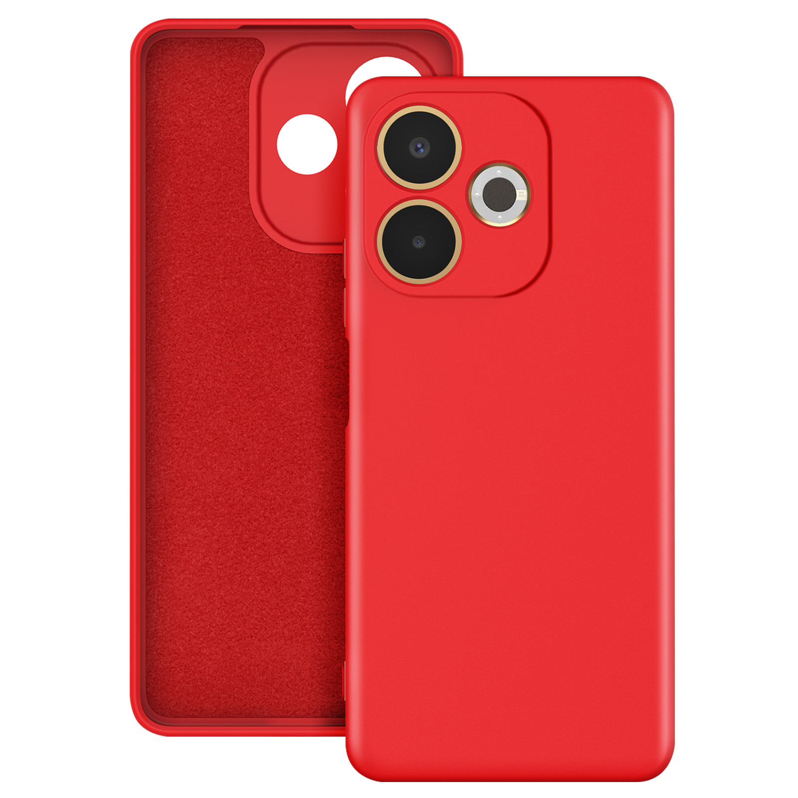 Custodia rossa per telefono, aperta per rivelare l'interno rosso. Il retro presenta ritagli per la fotocamera.