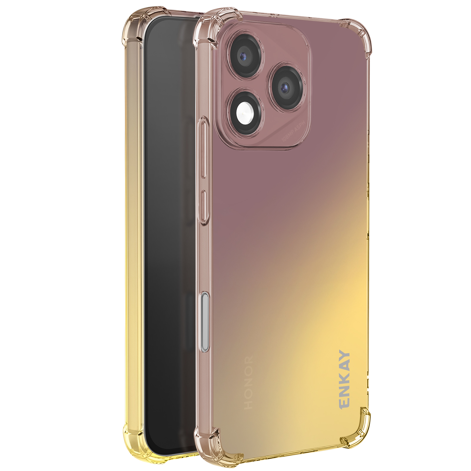 Custodia del telefono con gradiente rosa-giallo, con fori fotocamera e scritte 'HONOR', 'ENKAY'.