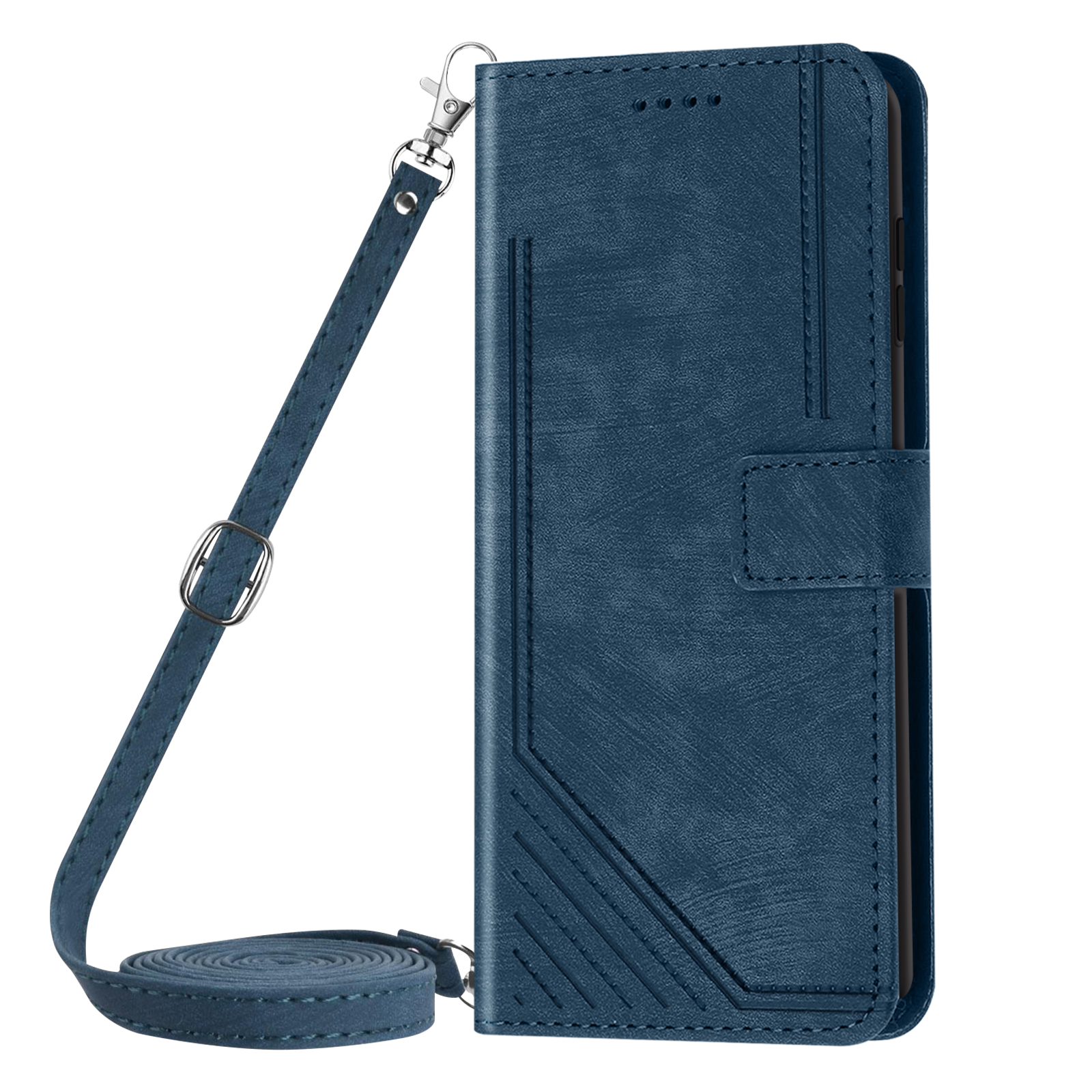 Custodia blu per telefono con cinturino. La custodia ha una texture simile alla pelle e una chiusura magnetica.