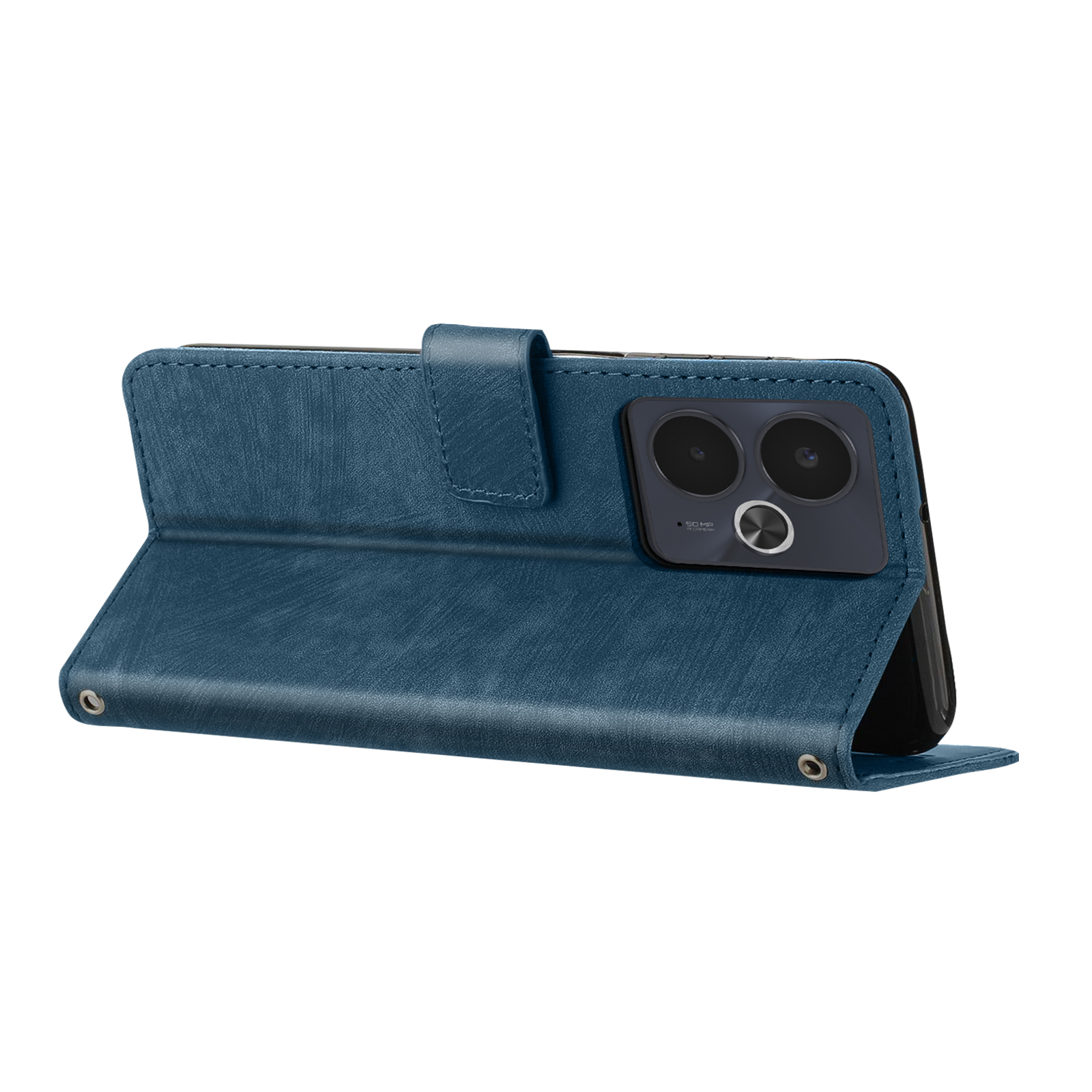 Custodia blu per telefono, aperta per mostrare il telefono all'interno. Ha una chiusura magnetica.