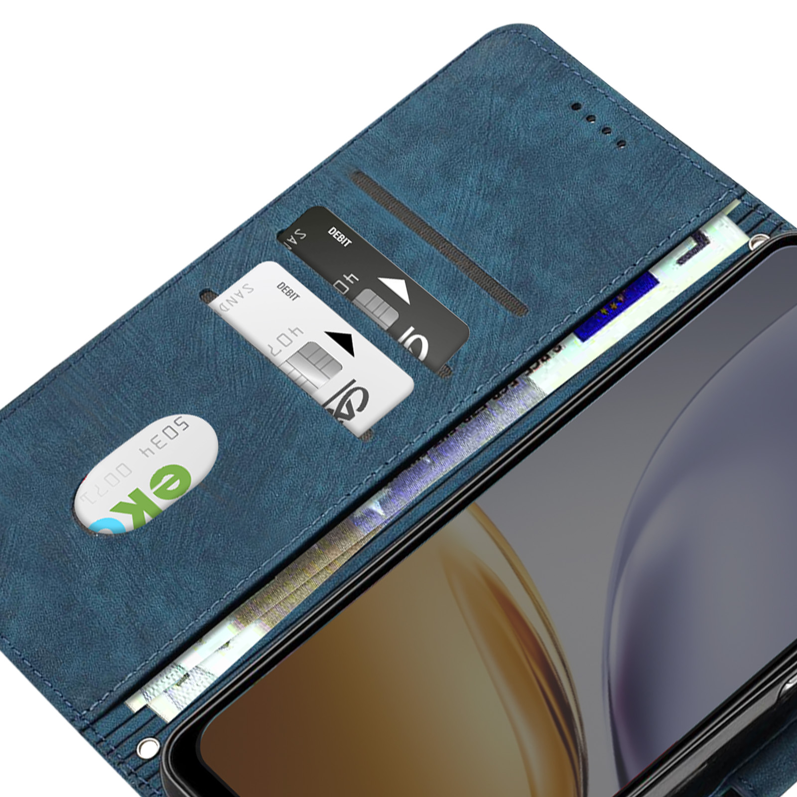 Custodia per telefono in pelle blu, con carte all'interno, che mostra una carta di credito e contanti.