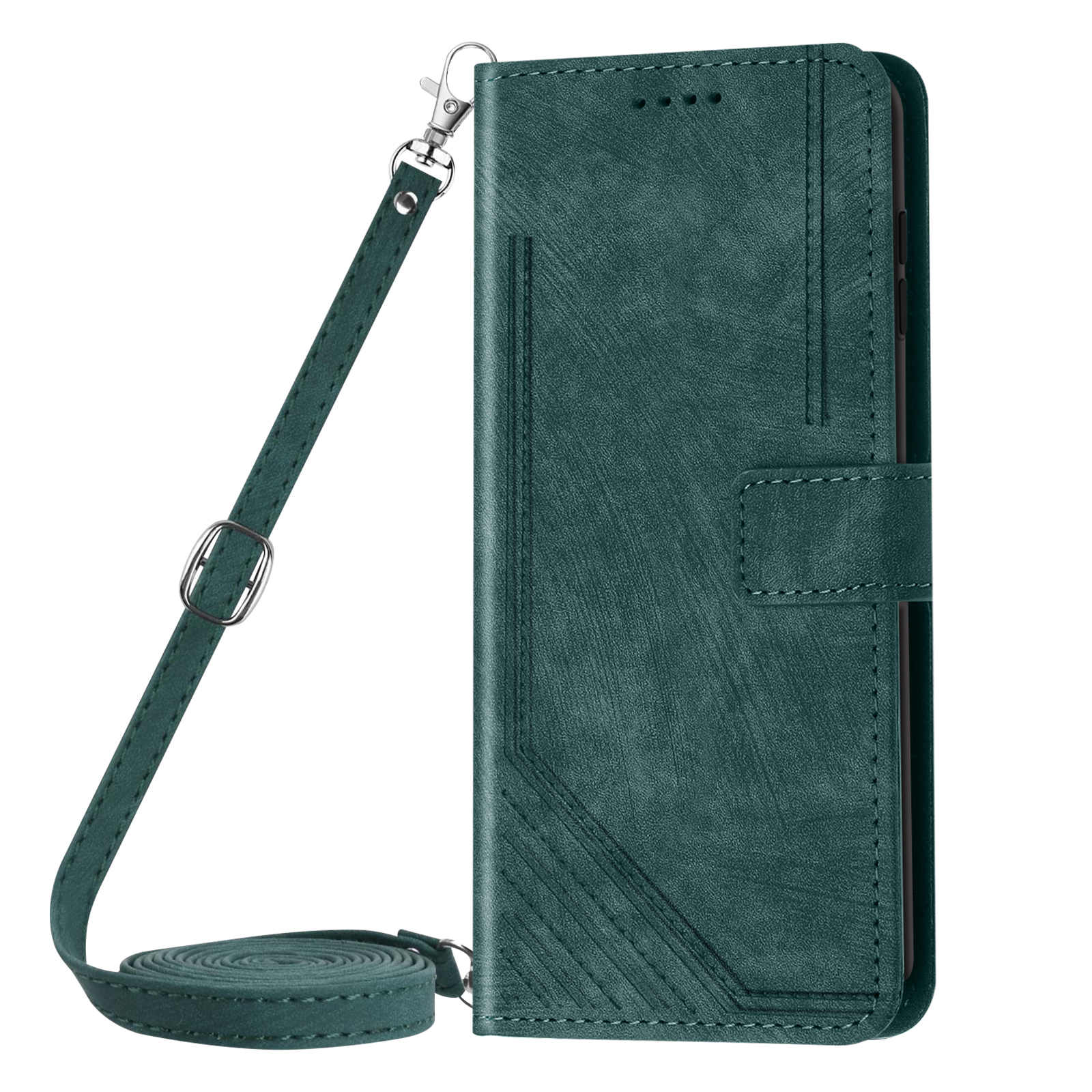 Custodia per telefono in pelle verde con cinturino e chiusura magnetica.