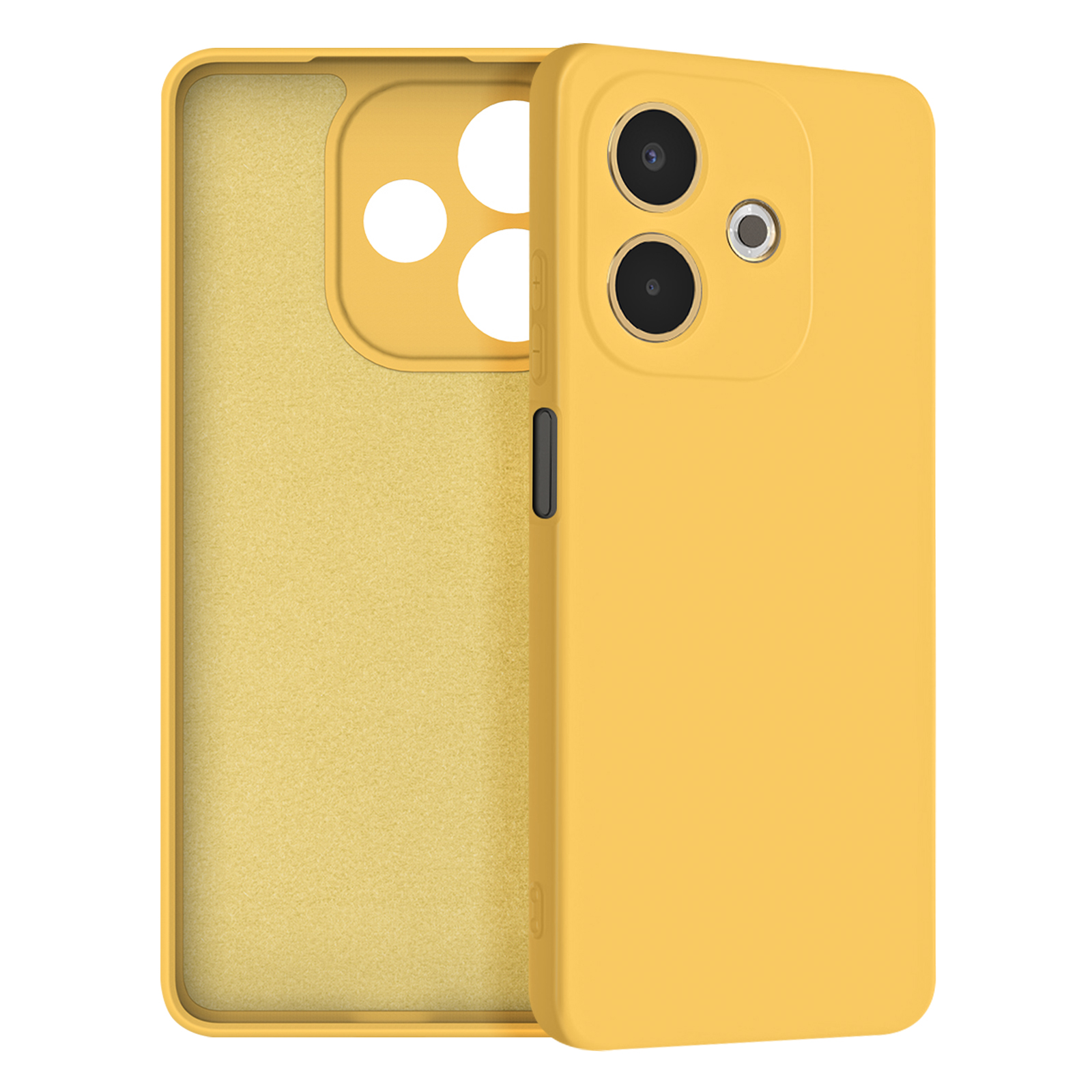 Custodia per telefono gialla, aperta. La custodia è in plastica. Interno giallo e ritagli per la fotocamera.
