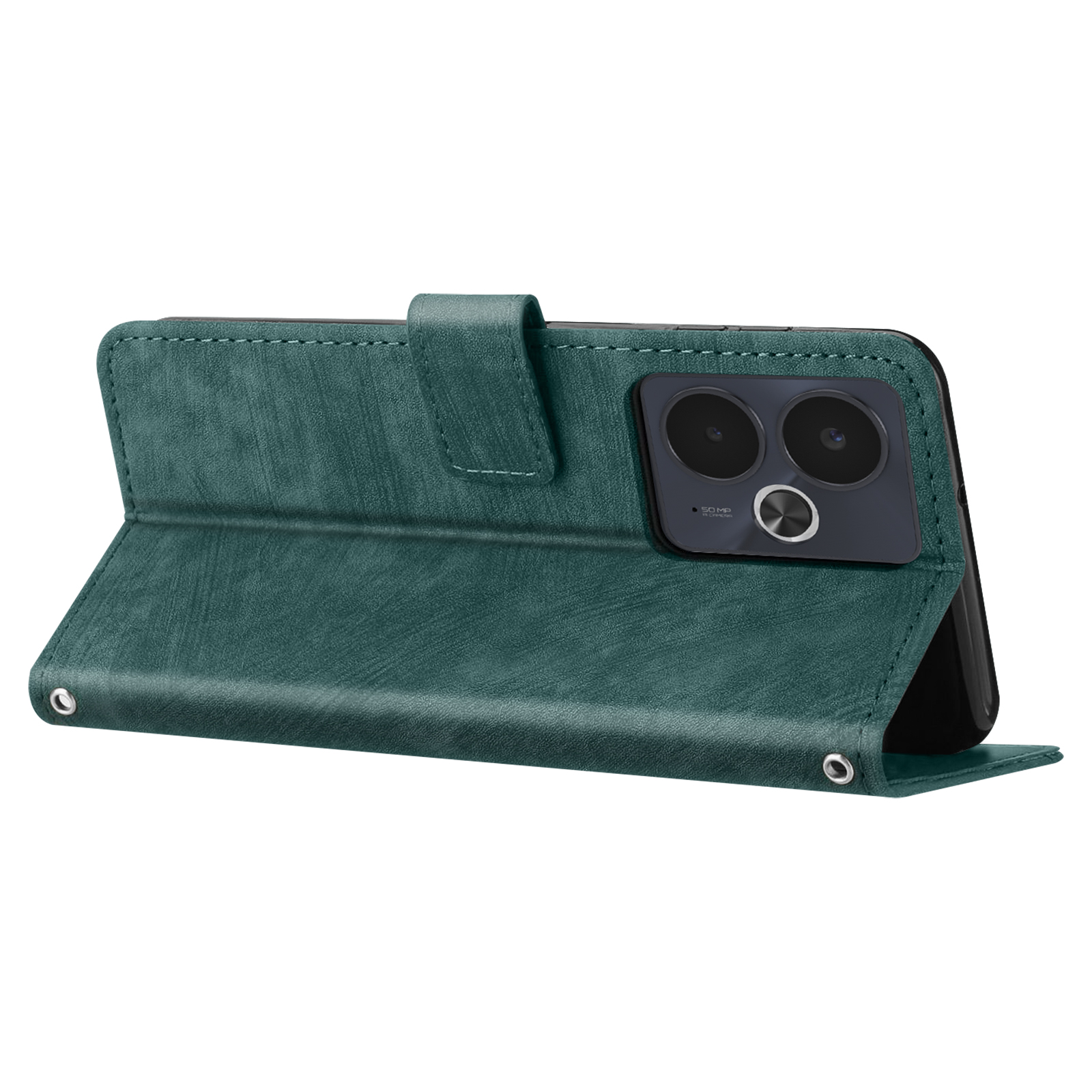 Custodia verde per telefono aperta, con un telefono. La custodia ha una chiusura magnetica.