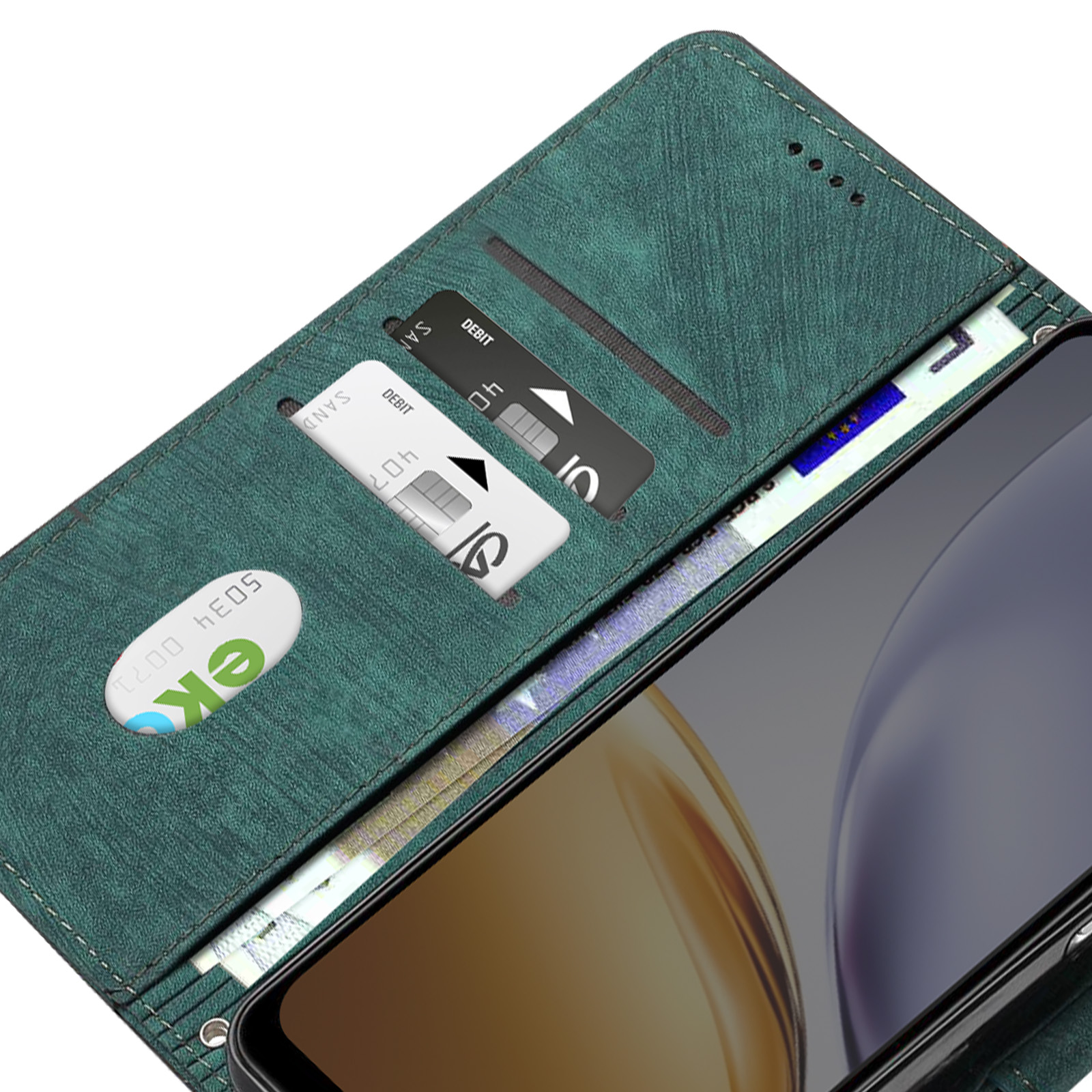Custodia verde per telefono aperta, che rivela carte e un telefono. Le carte sono visibili negli scomparti.