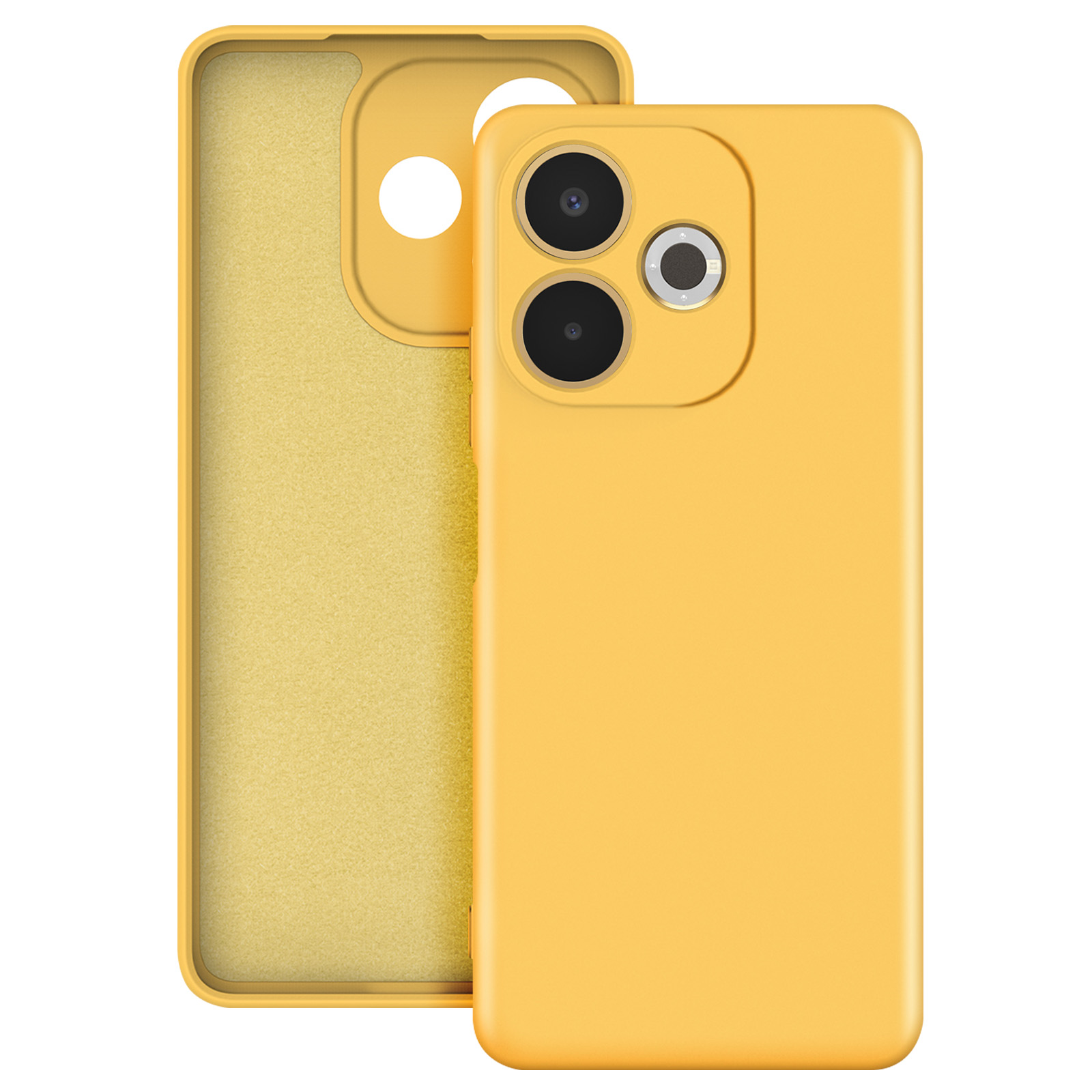 Una custodia per telefono gialla, con ritagli per le fotocamere. La custodia è aperta, rivelando l'interno del telefono.
